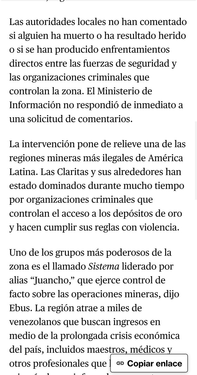 ipoolgian's tweet photo. Vamos con otro ejemplo de manipulación selectiva de noticias 

Respecto a lo de hoy en Bolívar, Orlando Avendaño dice que el gobierno de Delcy Rodríguez "empezó el proceso de limpieza en la zona minera para prepararla para la inversión extranjera" 
 
Pero eso no es lo que dice el artículo de Bloomberg

Bloomberg básicamente, sólo informa y relata los hechos
 
Citan directamente como fuente principal a Américo de Grazia (exdiputado opositor de Bolívar) 

Usa también referencias de medios venezolanos independientes como Tal Cual y reportes locales sobre los enfrentamientos, desalojos y destrucción de campamentos. 
 
Bloomberg NO dice que “el régimen de Delcy empezó un proceso de limpieza para prepararla para la inversión extranjera”, eso es añadido e invento puro de Orlando Avendaño 
 
Es manipulación selectiva típica.

Conecta dos cosas reales pero separadas para inventar una narrativa:

- El operativo militar de hoy 

- El interés extranjero en minería

Pero Avendaño presenta el operativo como si fuera prueba directa de un plan de Delcy para “limpiar” el terreno específicamente para inversionistas gringos, por orden de los gringos.

Eso es narrativa política, no lo que dice el artículo. 
 
Bloomberg informa de forma neutral, y ya

Obviamente, muchas cuentas van a difundir la manipulación porque no tienen para pagar el artículo y leerlo completo.