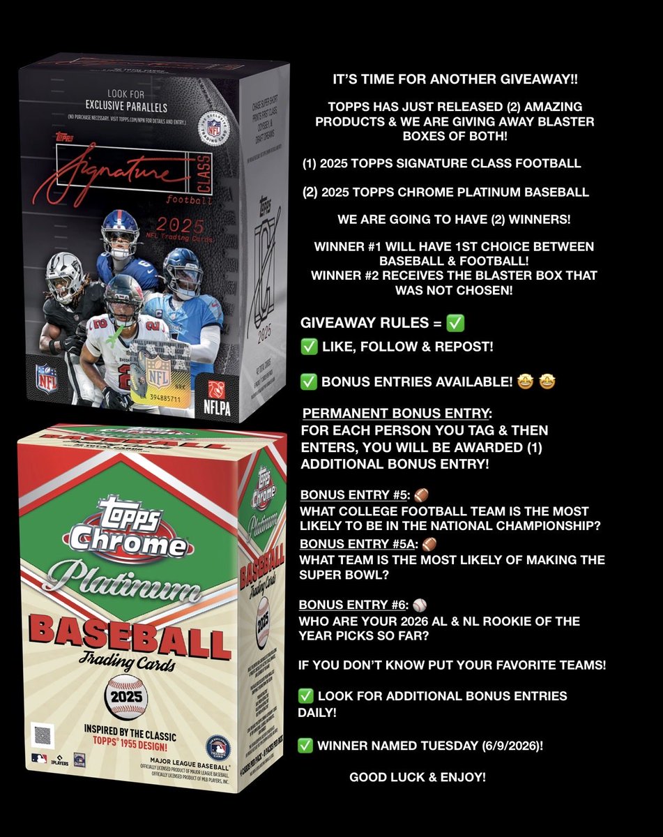 TresorSports's tweet photo. #GiveawayAlert

Winner Picks #SportsCards #Giveaway!

We Have #Topps #BaseballCards &amp; #FootballCards #Giveaways for you!

✅ = RULES!

✅ LIKE, FOLLOW &amp; REPOST!

🏈 BONUS ENTRIES AVAILABLE ⚾️

⭐️SHOW US YOUR HITS⭐️

WINNERS CONTACTED AT 12AM PST

#SportsCards #thehobby #MLB #NFL https://t.co/1RamDnznLT