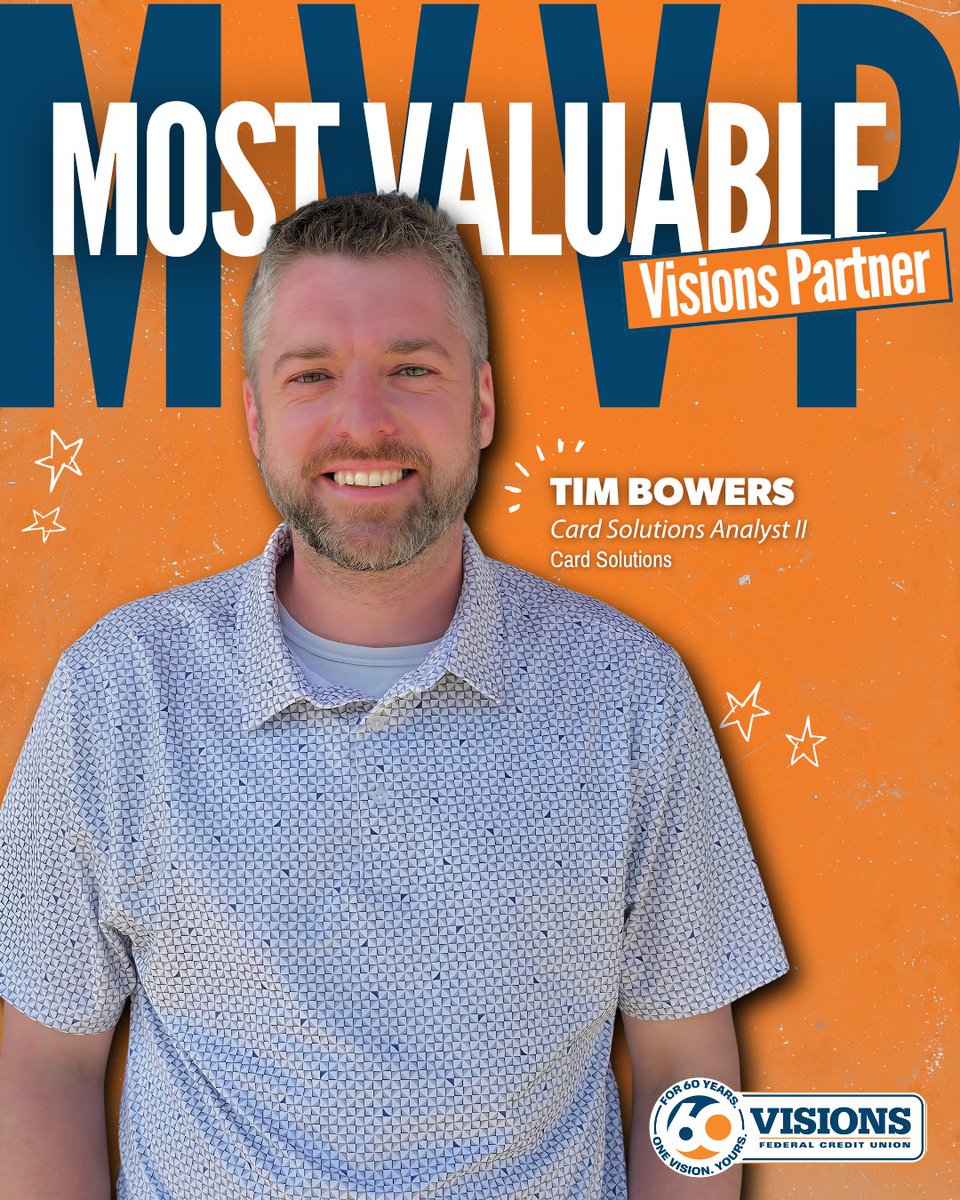 VisionsFCU's tweet photo. Please join us in congratulating Tim Bowers, our next Most Valuable Visions Partner! Tim goes above and beyond to support colleagues and members, delivering fast, reliable solutions with a positive attitude. Tim, you truly #MakeVisionsMatter!🧡💙 https://t.co/QeLKOFuH1z