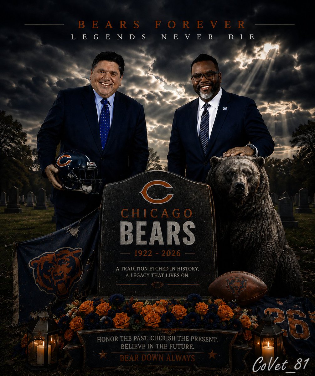 CoVet_81's tweet photo. Rest in Peace, Chicago Bears. 1922 to 2026.

Killed by two clowns who couldn’t negotiate their way out of a paper bag. One billionaire socialist who hates taxpayers, and one incompetent Marxist who hates the city he’s supposed to run.

Pritzker and Johnson, the dynamic duo that finally did what decades of losing seasons couldn’t.

They buried the Bears in Chicago. Thanks for nothing, fellas. 😎🏈