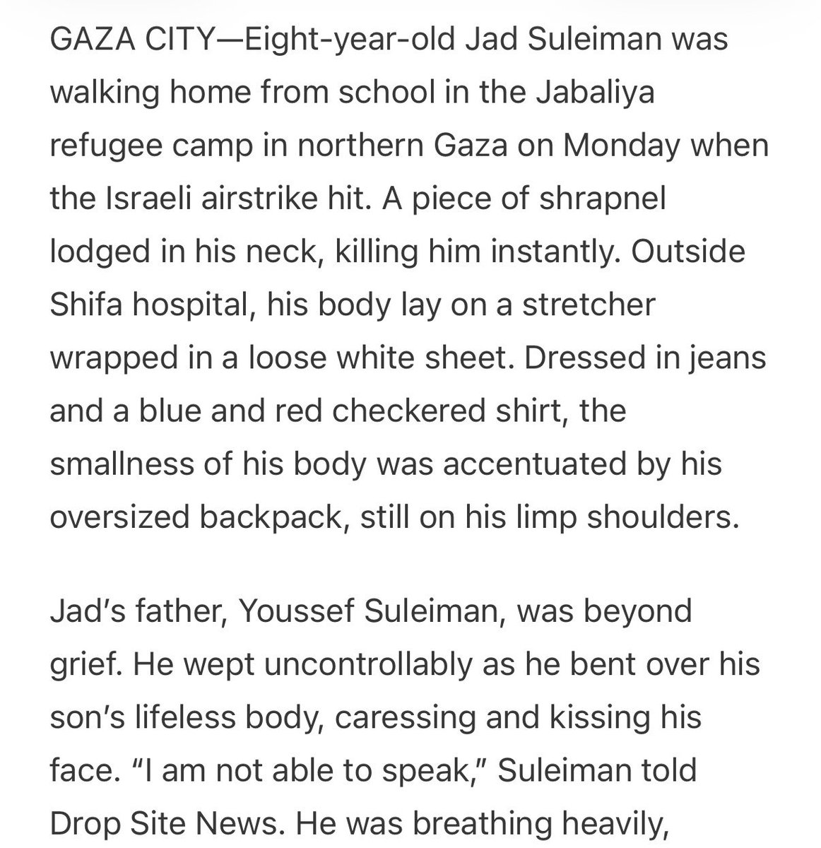 LailaAlarian's tweet photo. Yesterday Israel killed an 8 year old boy in Gaza wearing a backpack on the way home from school. 

His name was Jad. 

The only reason western mainstream news outlets didn’t report on his killing is because he’s Palestinian. https://t.co/HDmtIfhblG