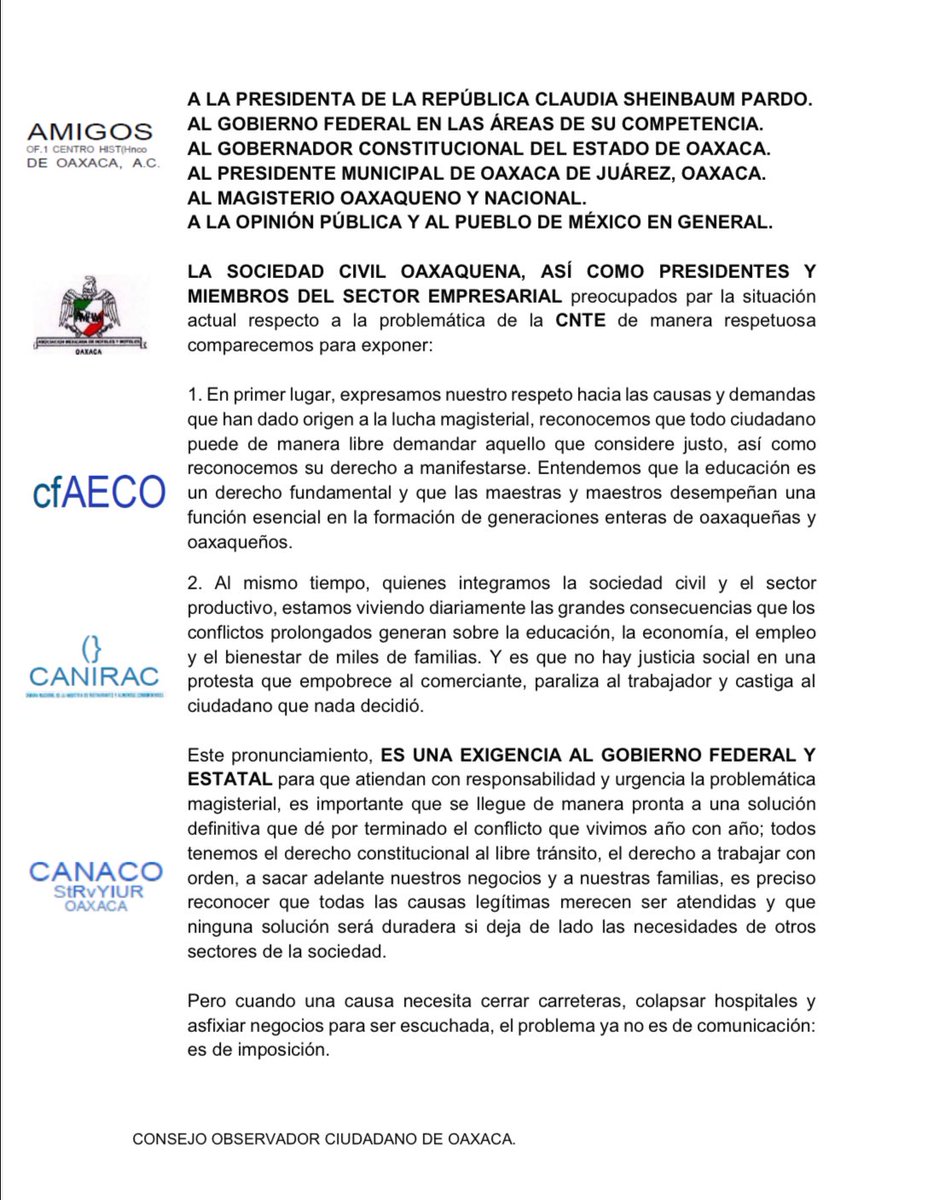 Coparmexoaxaca's tweet photo. 🔵Pronunciamiento Consejo Ciudadano por Oaxaca: 

Oaxaca merece educación, trabajo, libre tránsito y oportunidades para todos.

#Oaxaca #Educación #Diálogo #PazSocial #LibreTránsito #DesarrolloEconómico https://t.co/0IiXD4prrL