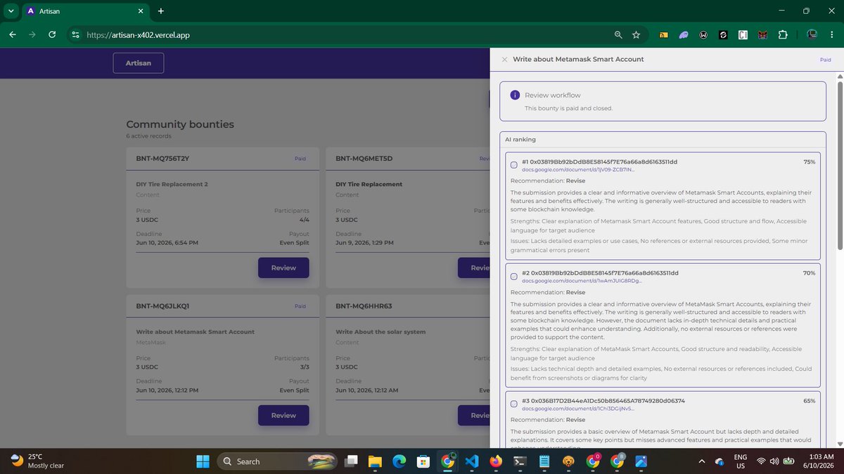 Jhamiyou's tweet photo. Artisan Uses MetaMask Advanced Permissions ERC-7710 for delegated transactions triggered by x402, and 1Shot for gas sponsorship for seamless payouts.

Artisan also uses Venice AI helps task organizers review projects efficiently also triggered by x402. https://t.co/90gkLU1yYz