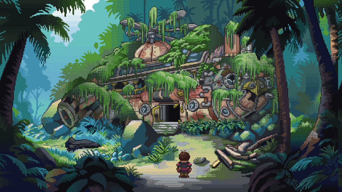 manafinder's tweet photo. Unravel mysteries on every corner of Theia. 

There's something about these ruins in the middle of the jungle...

Pixel art by @8Blem  🔥

#ScreenShotSaturday #JRPG https://t.co/PwsWgKdcju