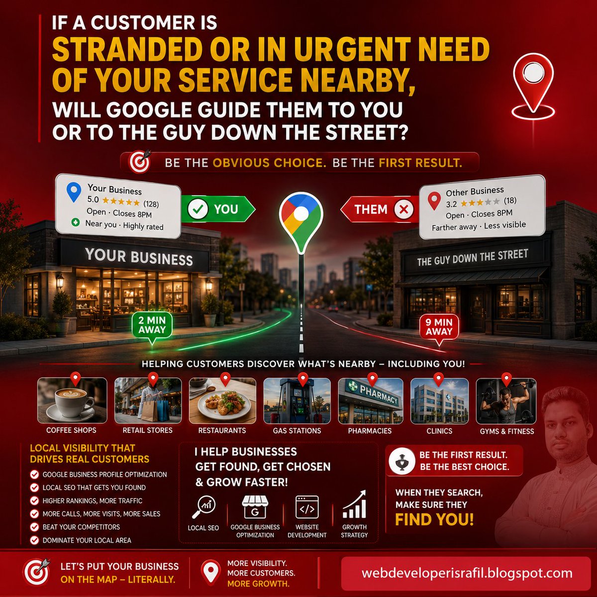 geniusisrafil's tweet photo. A potential customer is searching on Google Maps right now. They need help fast. Maybe it's a towing service, plumber, electrician, locksmith, contractor, or another local service.
#localseo #googlebusinessprofile #googlemaps #smallbusiness #localmarketing #digitalmarketing #seo https://t.co/xSjw5wFF9b