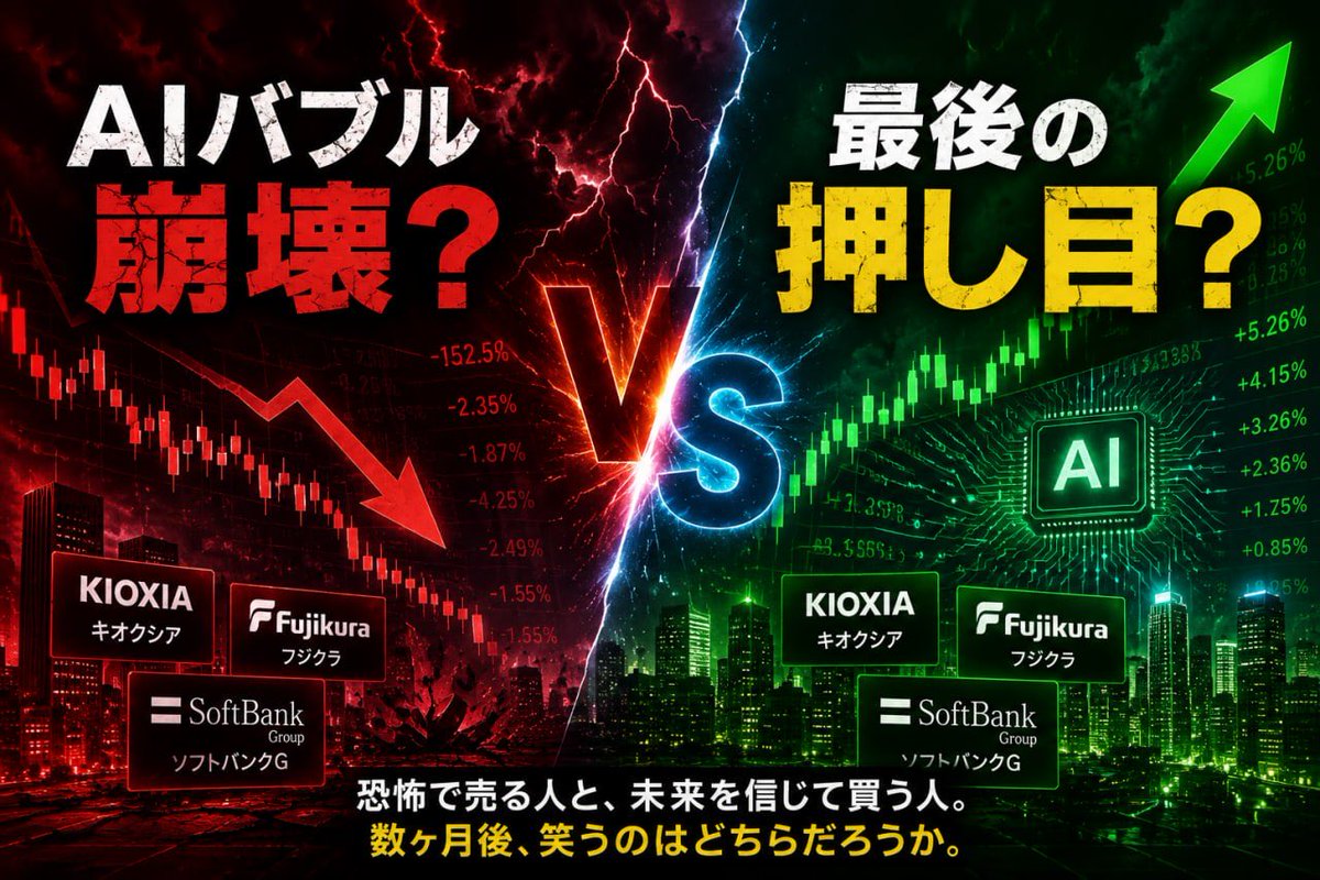 JP_StockAnalyst's tweet photo. ⚠️多くの個人投資家がまた同じ失敗をするかもしれない
上がれば飛びつく
下がれば怖くなって売る
今のキオクシアやフジクラを見て、
「終わった」
と思っている人も多いでしょう
でも相場で大きく勝つ人は、
恐怖で売られている時に動く
AI相場は本当に終わったのか
それとも、
数ヶ月後に振り返ったら
「あそこが買い場だった」
と言われるのか
あなたは買う側ですか？
それとも売る側ですか？
#日本株 #AI