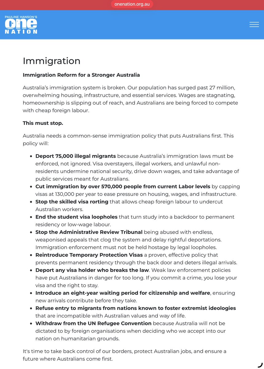 MargieJay50's tweet photo. Here is the #OneNotion immigration policy. Considering immigration is an extremely complex issue, I greatly admire Hanson for her ability to keep it to one page. 

Well, actually, I am surprised this bunch of grifters even has an immigration policy.
#auspol https://t.co/H3q8eLCj9r