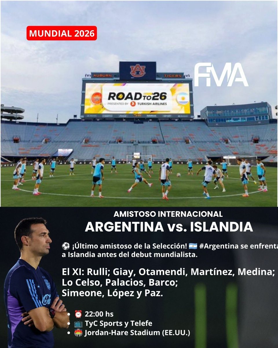 FreeMediaAr's tweet photo. [CONFIRMADO]
⚽ ¡Último amistoso de la Selección! 🇦🇷 #Argentina se enfrenta a Islandia antes del debut mundialista.

El XI: Rulli; Giay, Otamendi, Martínez, Medina; Lo Celso, Palacios, Barco; Simeone, López y Paz.

⏰ 22:00 hs
📺 TyC Sports y Telefe
🏟️ Jordan-Hare Stadium (EE.UU.)