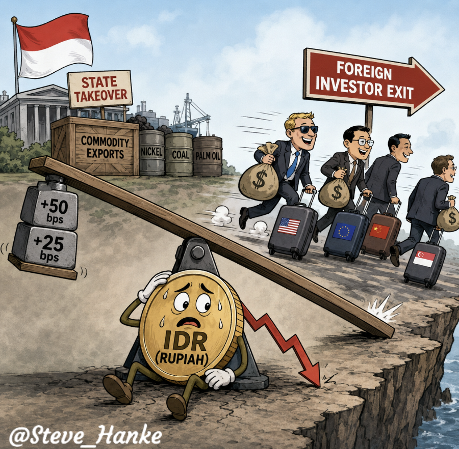 steve_hanke's tweet photo. In a futile attempt to strengthen the TANKING Rupiah, Bank Indonesia just raised interest rates another 25 bps.

Sentiment has turned negative on Pres. Prabowo's interventionist policies and the Rupiah.

Stay tuned. https://t.co/VQGTeu0KPd