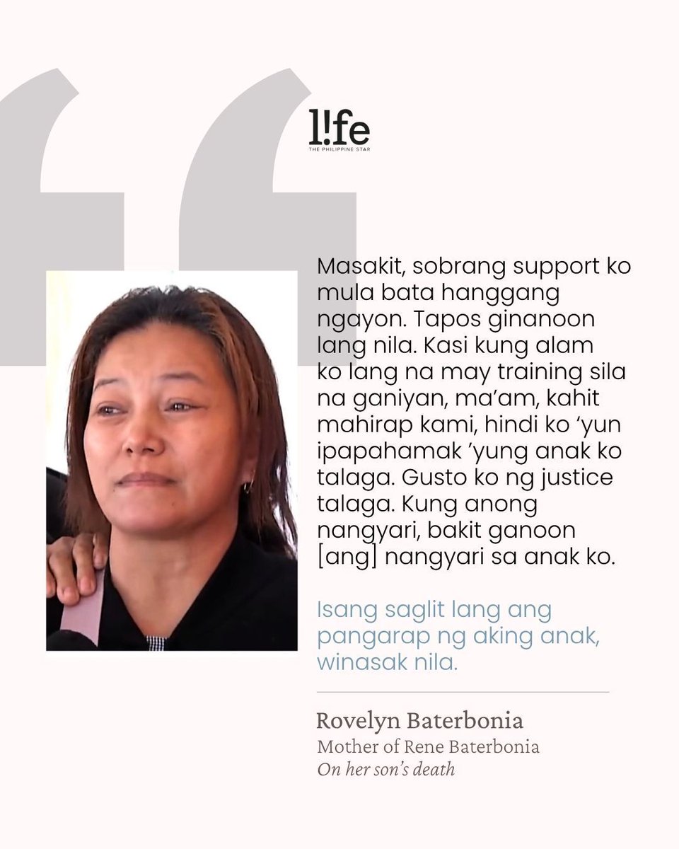 philstarlife's tweet photo. 'ANG PANGARAP NG AKING ANAK, WINASAK NILA'

Rovelyn Baterbonia, the mother of Ateneo student-athlete Rene Baterbonia is seeking answers following her son's death during a team-building activity in Aurora. READ: https://t.co/e7PpHDphgA https://t.co/dkrwXKcEjv