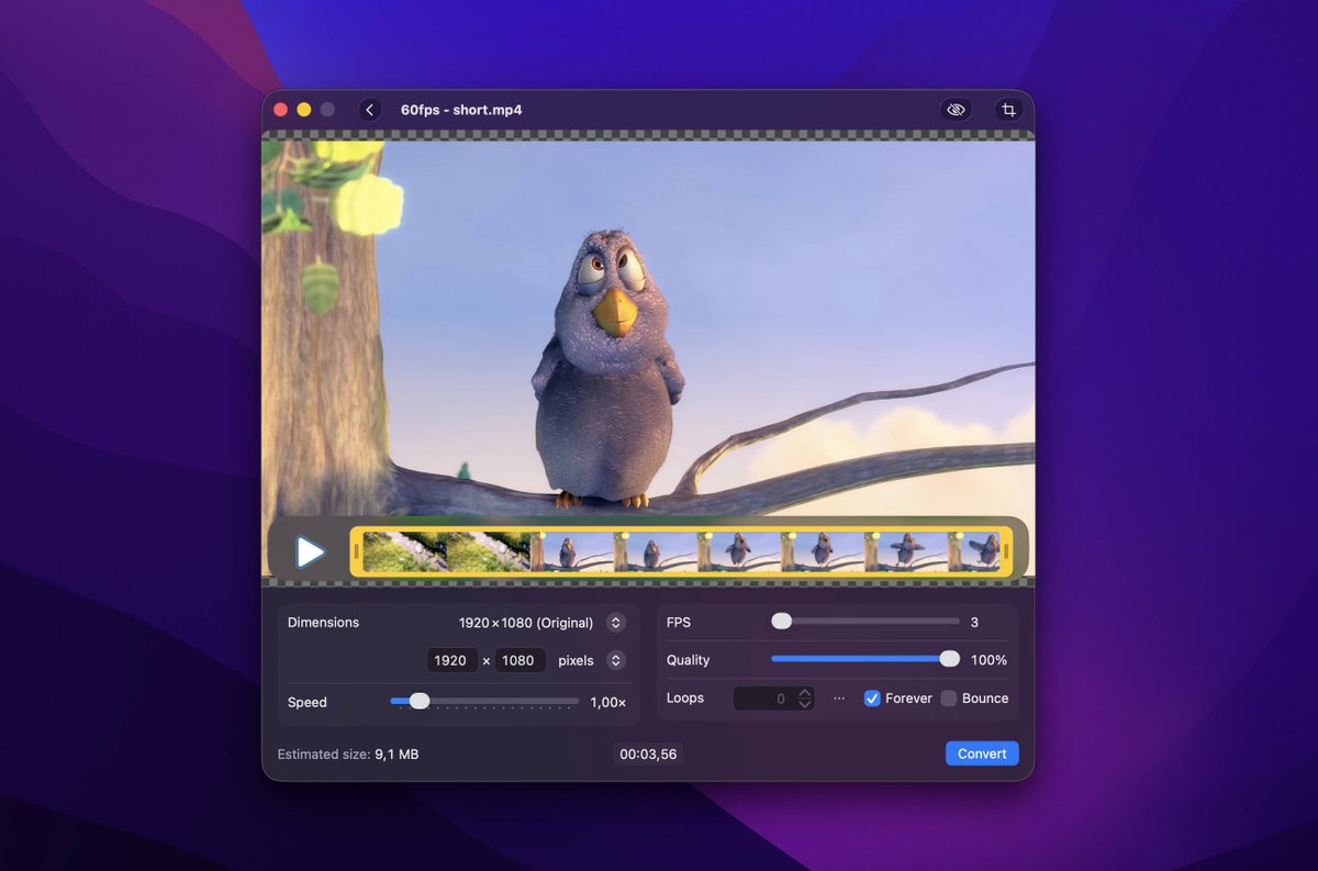 sindresorhus's tweet photo. After 3 years of work, Gifski 3 is here.

Rewritten from scratch in SwiftUI, with cropping, GIF preview, exporting trimmed/cropped videos, loop delay, smarter estimates, improved performance, and lots of polish. https://t.co/8ZVcGmKvOk
