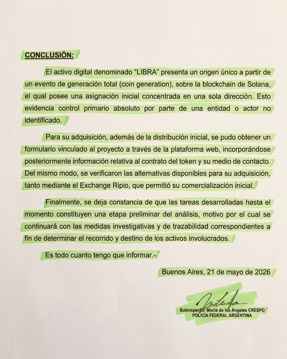 maxiferraro's tweet photo. $LIBRA: LA POLICIA FEDERAL CONFIRMÓ COMO SE INICIO LA ESTAFA LIBRA. NADA NUEVO BAJO EL SOL

El informe de la Policía Federal a la Fiscalía de Taiano, más de un año después de los hechos, confirma, como cada informe técnico que llega a la causa, todo lo que investigamos desde la Comisión Investigadora, la querella y el periodismo que se animó a investigar

$LIBRA tuvo una creación y asignación inicial altamente concentrada en una sola dirección, bajo el control absoluto de un actor no identificado y se montó una estructura destinada a ocultar quién estaba detrás de la operación. 

El twit de Milei no fue improvisado. La dirección de compra del token, que el Presidente hizo pública, la tenían solo el creador y sus socios. Solo de ellos la pudo obtener Milei.

Hubo planificación previa, un token concentrado, una estrategia de difusión organizada y la promoción presidencial que fue determinante para inflar el valor de $LIBRA.
 
A ver si los llaman a indagatoria de una buena vez...