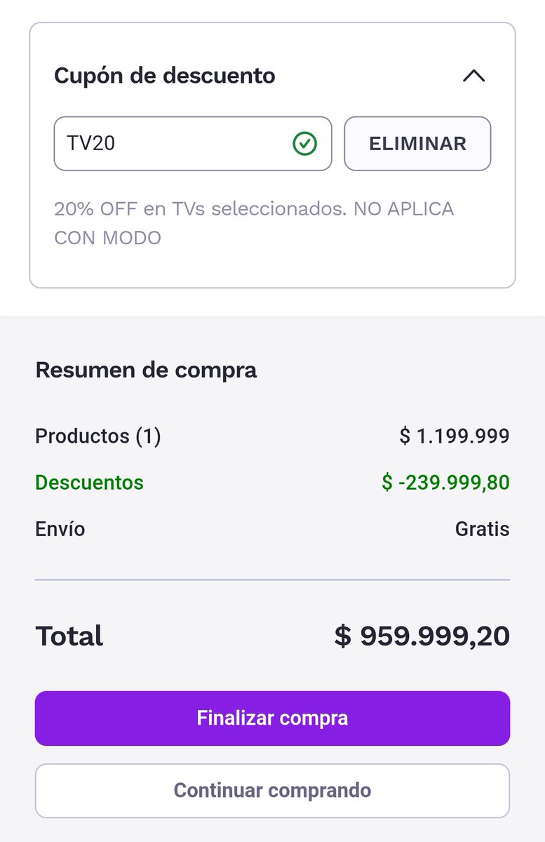 AhorrandoAndoAr's tweet photo. HAY CUPÓN de FRÁVEGA en TV seleccionadas para ver el mundial 😍

Código: TV20
De: 20% OFF
Horario: hasta las 00hs
Los cupones son limitados aprovechennn porque hay ENVIO GRATIS a todo el país! 🥳

Es para TVs de 65"

Les dejo el link:
https://t.co/S415Q0QyGP https://t.co/gDWzd1SDVO