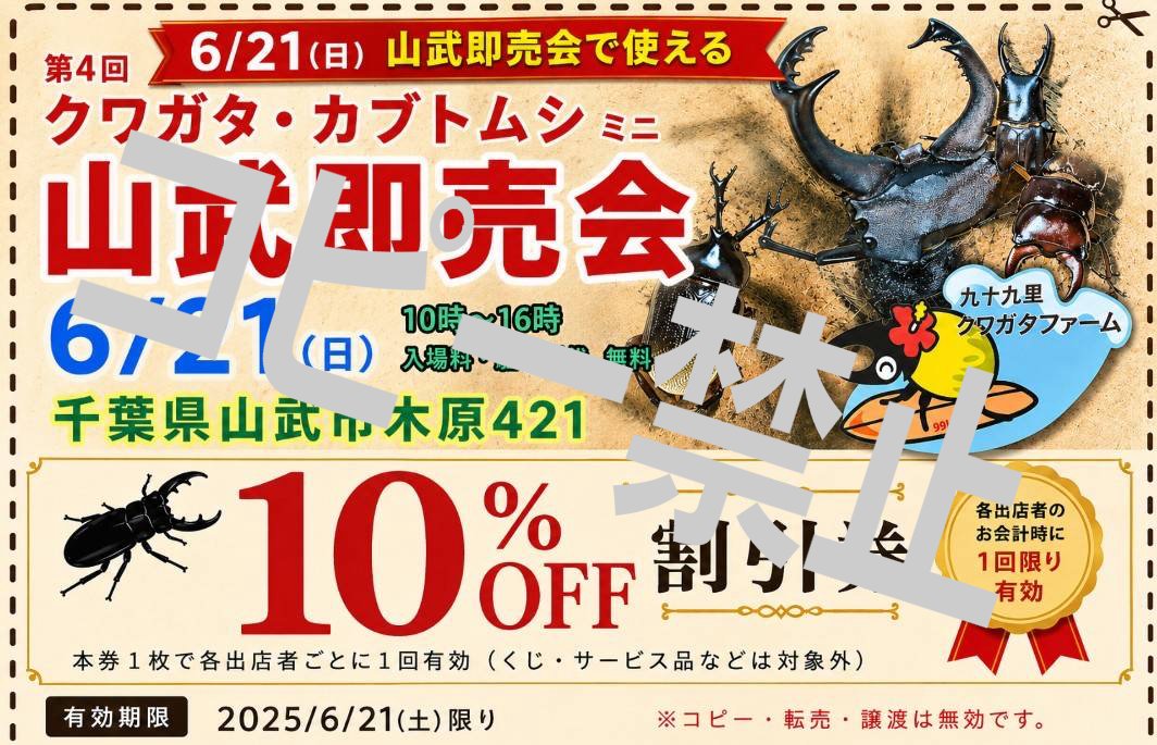 99kuwa's tweet photo. 6月21日の山武即売会の10%割引きクーポンを本日から店舗で配布します。
山武即売会に行く予定をされている方は、その前に当店へ寄って下さい。
#九十九里クワガタファーム https://t.co/V8dQZiWS3A
