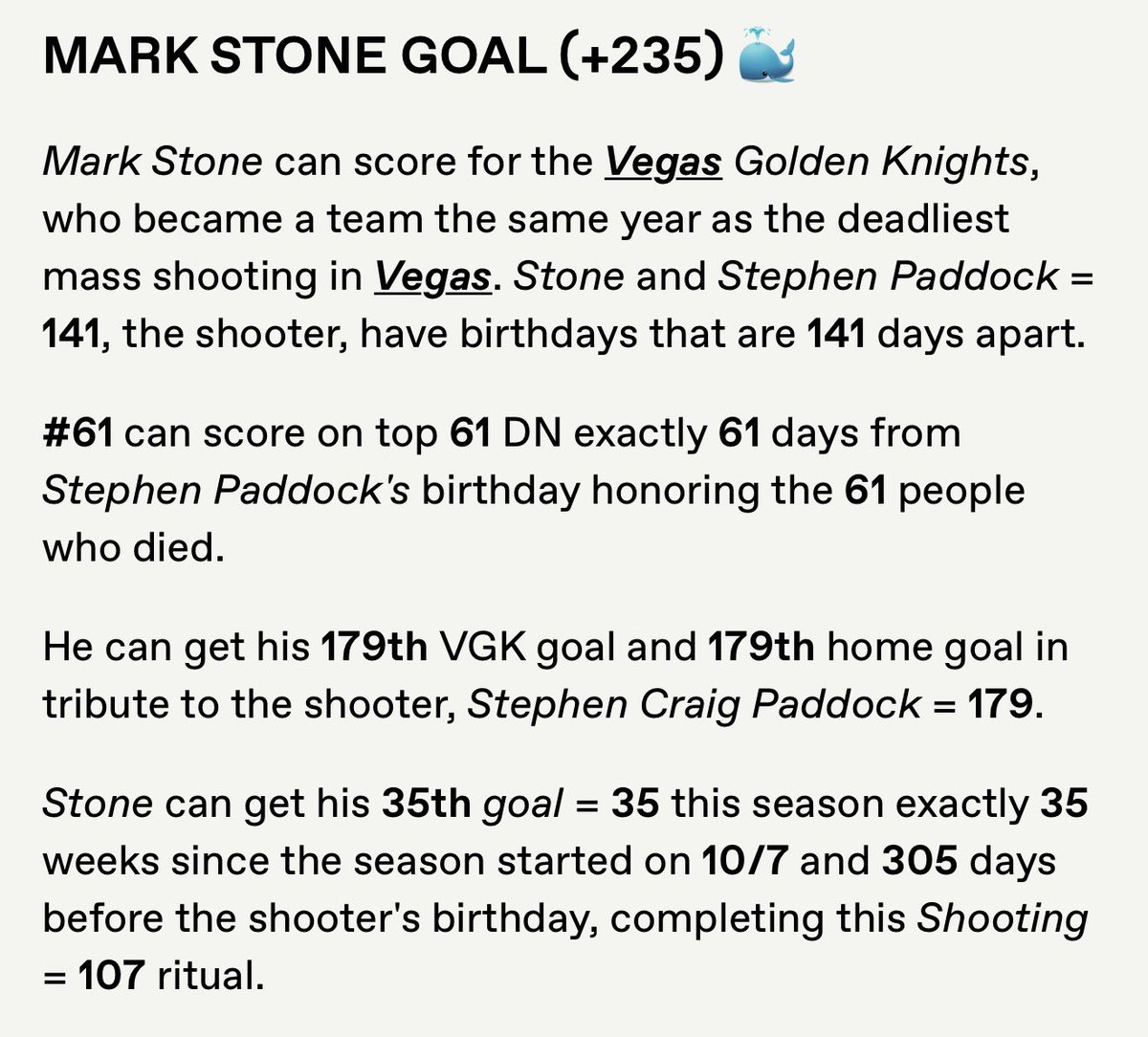 locksbysns's tweet photo. #Gematria❤️‍🔥 bangs again ✅ 

INSANE LAS VEGAS SHOOTING RITUAL HONORING THE 61 PEOPLE WHO DIED 😮‍💨

Mark Stone, #61 scores on top 61 DN exactly 61 days from Stephen Paddock's birthday honoring the 61 people who died 🔢

This play was posted before game time here ⬇️
https://t.co/jeYMCrzMhK

#ForgedInGold #NHL