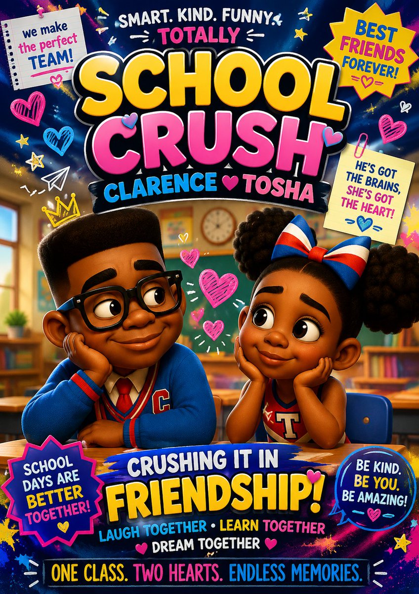 EdvenClarence's tweet photo. 💙📚 School Crush – Clarence & Tosha | The Edventures of Clarence & The Gang 💙📚
Step into the heartwarming world of Clarence and Tosha in this colorful school-themed Edventure! This vibrant poster captures a sweet classroom friendship filled with laughter, learning, kindness, and unforgettable memories. With bright colors, playful hearts, cheerful classroom vibes, and adorable character expressions, this design celebrates the fun and excitement of growing friendships at school.

Perfect for fans of The Edventures of Clarence & The Gang, this kid-friendly artwork highlights positive values such as friendship, teamwork, confidence, kindness, and respect while bringing the magic of Edventureland to life.

✨ Features:

Colorful Edventureland-inspired classroom setting

Clarence and Tosha friendship theme
Bright, eye-catching poster design
Positive messages for kids
Fun school adventure atmosphere
Perfect for classrooms, bedrooms, playrooms, and Edventureland fans
🎒 Whether you're a fan of Clarence, Tosha, Preston Elementary, or the exciting world of Edventureland, this poster is a fun reminder that friendships make every school day an adventure!