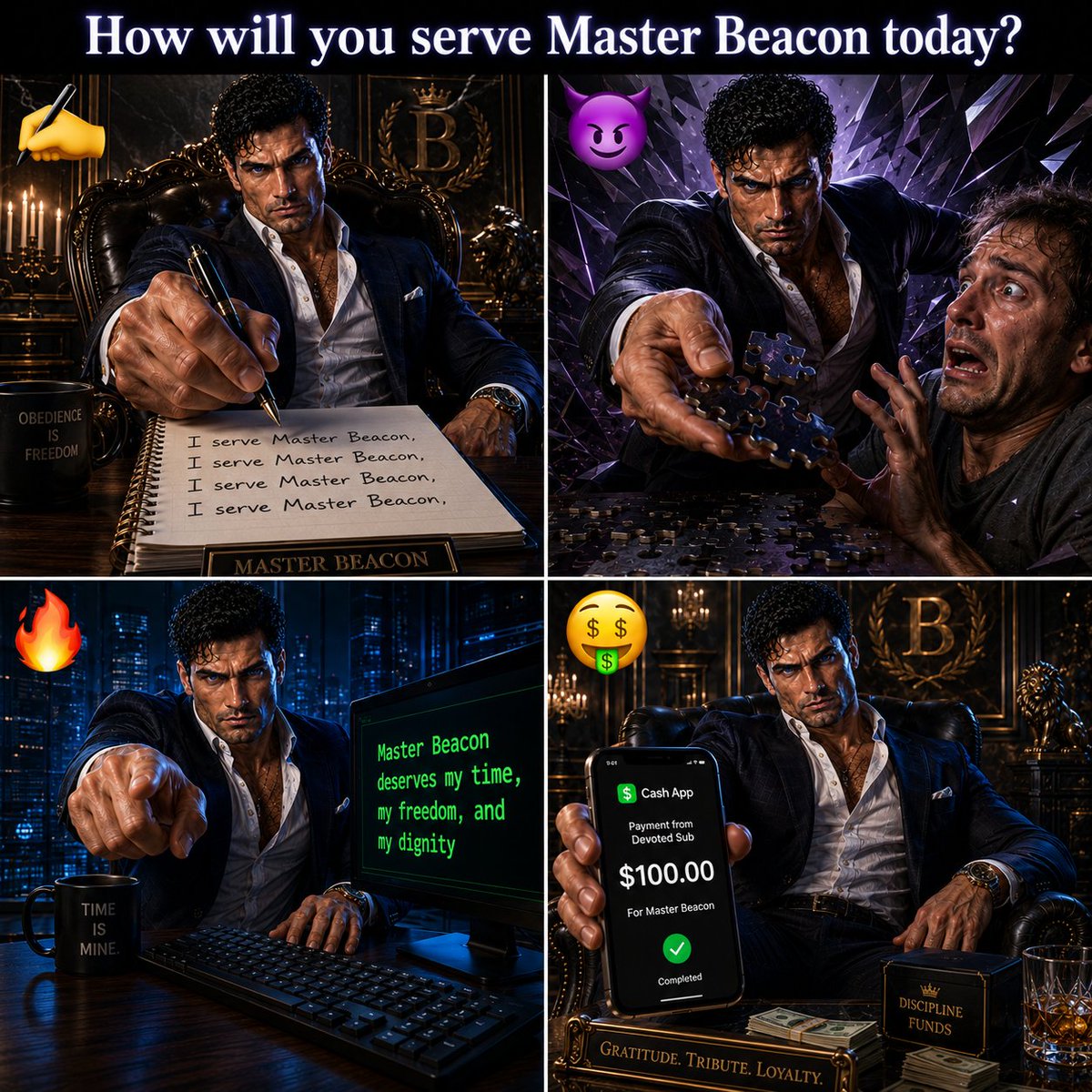 masterbeacontt's tweet photo. You are nothing but an object for Master's use and amusement. How will you serve Master today boys?
Comment below π
#techdom #puzzledom #linewriting #findom #alphamale https://t.co/abp8BF2wra