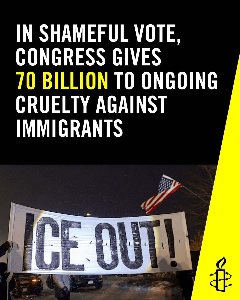 The image features a protest with individuals holding a large sign that reads "ICE OUT!" An American flag is visible in the background. Text above reads, "In shameful vote, Congress gives 70 billion to ongoing cruelty against immigrants." The Amnesty International logo is seen.