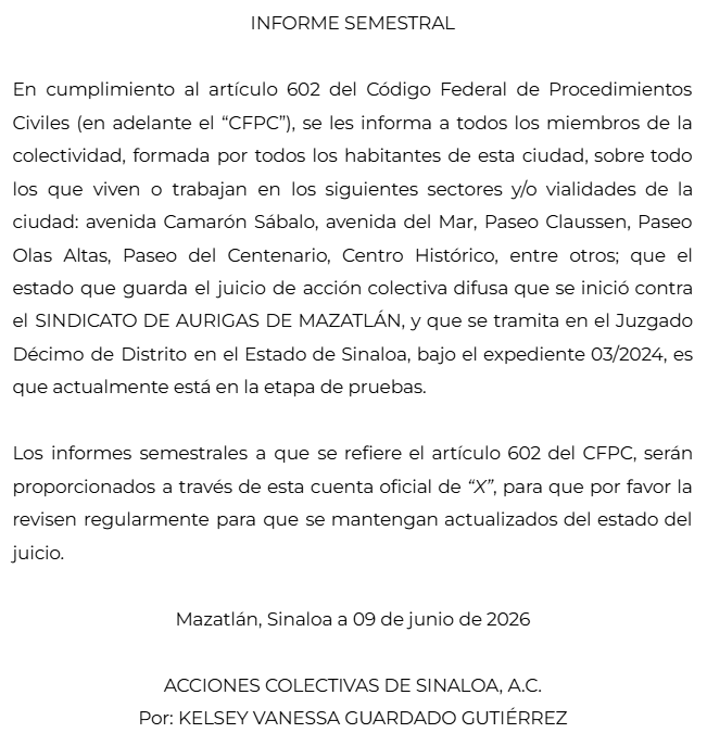 ACSinaloa's tweet photo. Les compartimos el informe semestral, relativo al juicio de acción colectiva presentado en contra del Sindicato de Aurigas de Mazatlán, por los daños ambientales causados por emisión de ruido, en Mazatlán, Sinaloa https://t.co/2Bv1IVRhoh
