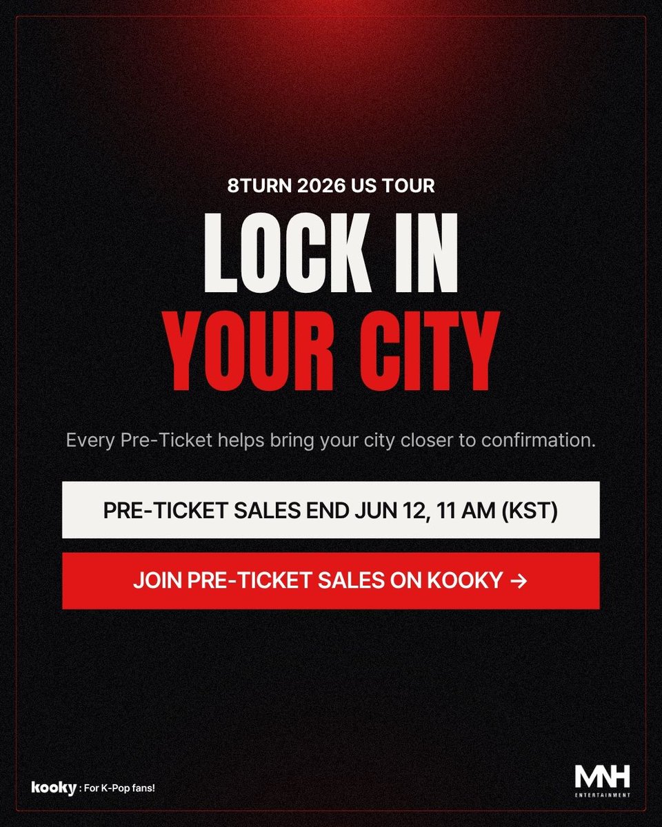 kooky__official's tweet photo. 🔥 8TURN 2026 US Tour Pre-Sale — FAQ

Every ticket brings 8TURN one step closer to your city.

Join the Pre-Sale and help make it happen 👇
🎟️ Priority Entry
🗳️ Dress Code Vote
🔄 Transfer or 100% Refund — move your ticket to a confirmed city or cancel for a full refund.

Pre-Ticket Sales end Jun 12, 11AM (KST).
Be the reason 8TURN comes to your city. 🖤
🔗 https://t.co/wjGOKIzlZC 

@8turn_official
#8TURN #에잇턴 #エイトターン #8TURNxKooky #8TURN2026USTour