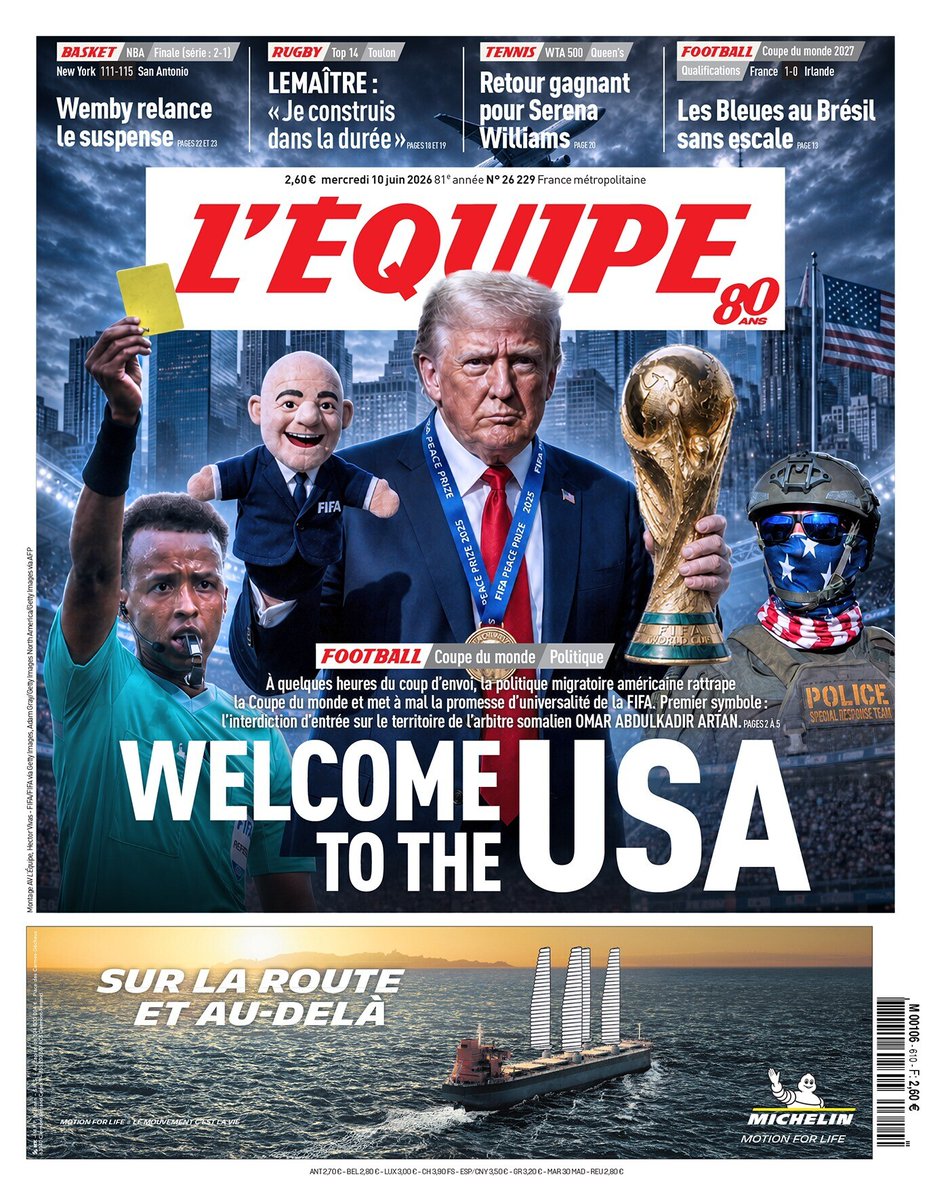 periodistan_'s tweet photo. Esta es la tapa de hoy de L'Equipe, el diario deportivo más importante del mundo.

El desastre organizativo de Donald Trump y el títere Infantino es de lo que habla todo el mundo. https://t.co/0Eo4vFNkFo