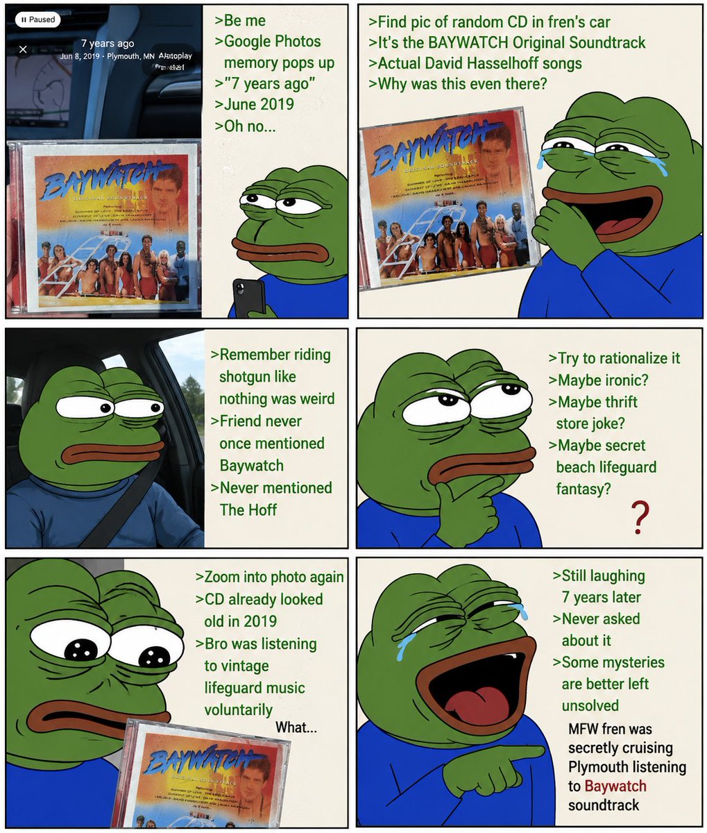 AnonymousPepeOG's tweet photo. His Other #Frens probably know, wonder what they are up to?? 💽🎶🤔🐸✅ #AnonymousPepe #Baywatch @DavidHasselhoff https://t.co/0lyBRrOAta