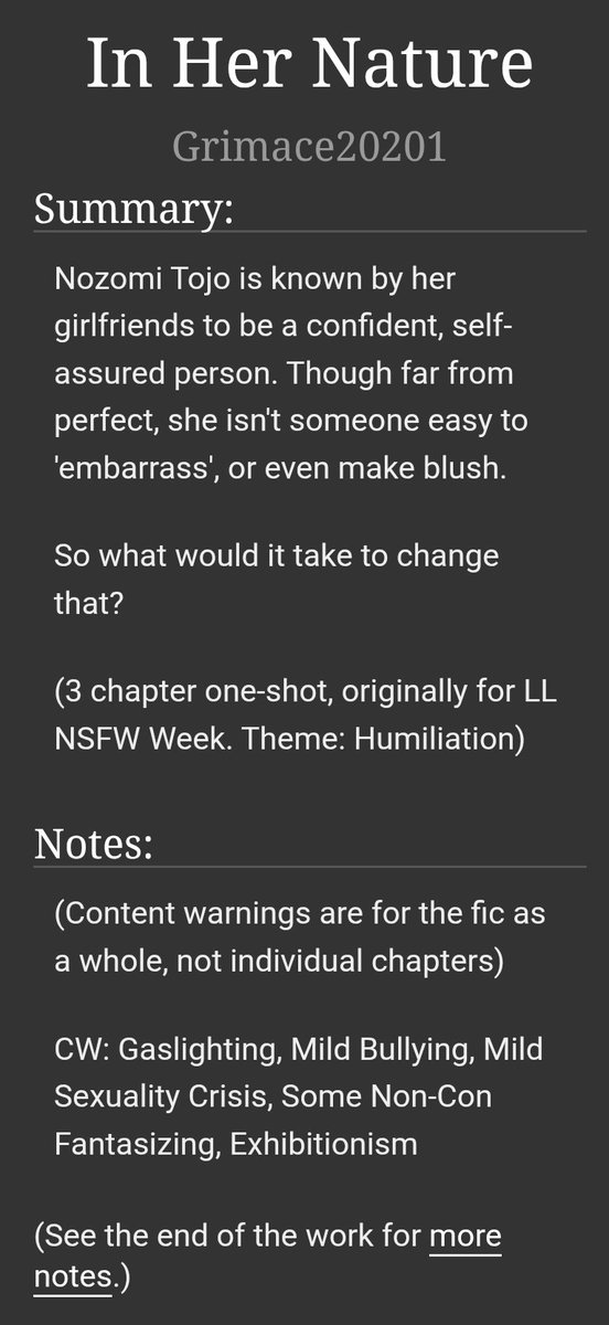 GrimaceLewd's tweet photo. New one-shot up! Link in Reply.

Nozomi probably isn't the first LL character you'd think of when you hear 'humiliation'. Buuut, can't a girl develop a new kink or two as she's getting gaslit?

(Late #LLNSFWWEEK2026 Prompt: Humiliation)
(Happy B-Day Nozomi! #東條希生誕祭2026) https://t.co/FQ06ZcpkAL