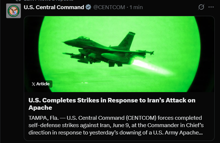 L_ThinkTank's tweet photo. ❗️[ 🇺🇸 ÉTATS-UNIS | 🇮🇷 IRAN ]

🔸 Le CENTCOM annonce avoir achevé les frappes menées contre l’Iran en réponse à la destruction d’un hélicoptère Apache américain la veille.

🔸 Selon l’armée américaine, des sites de défense aérienne, des stations de contrôle au sol et des radars de surveillance situés près du détroit d’Ormuz ont été visés par des chasseurs de l’US Air Force et de l’US Navy.

🔸 Washington présente cette opération comme une réponse « proportionnée » aux récentes attaques visant les forces américaines et des navires commerciaux transitant dans la région.