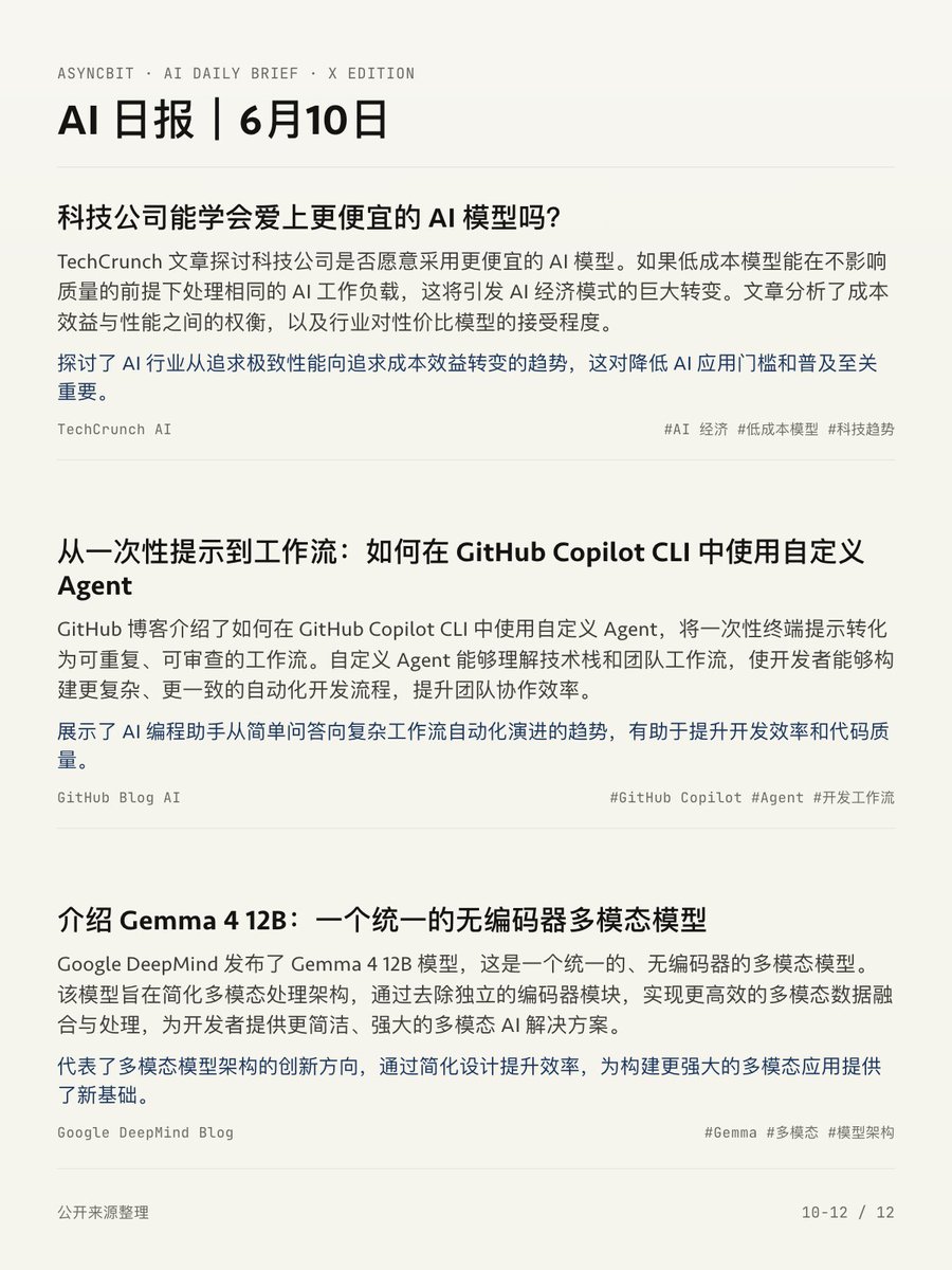AsyncXBit's tweet photo. AI 日报｜6月10日

今日 12 条 AI 新闻速览，见图。

#AI #人工智能 #AI日报 #大模型 https://t.co/muh3N0s7Qh