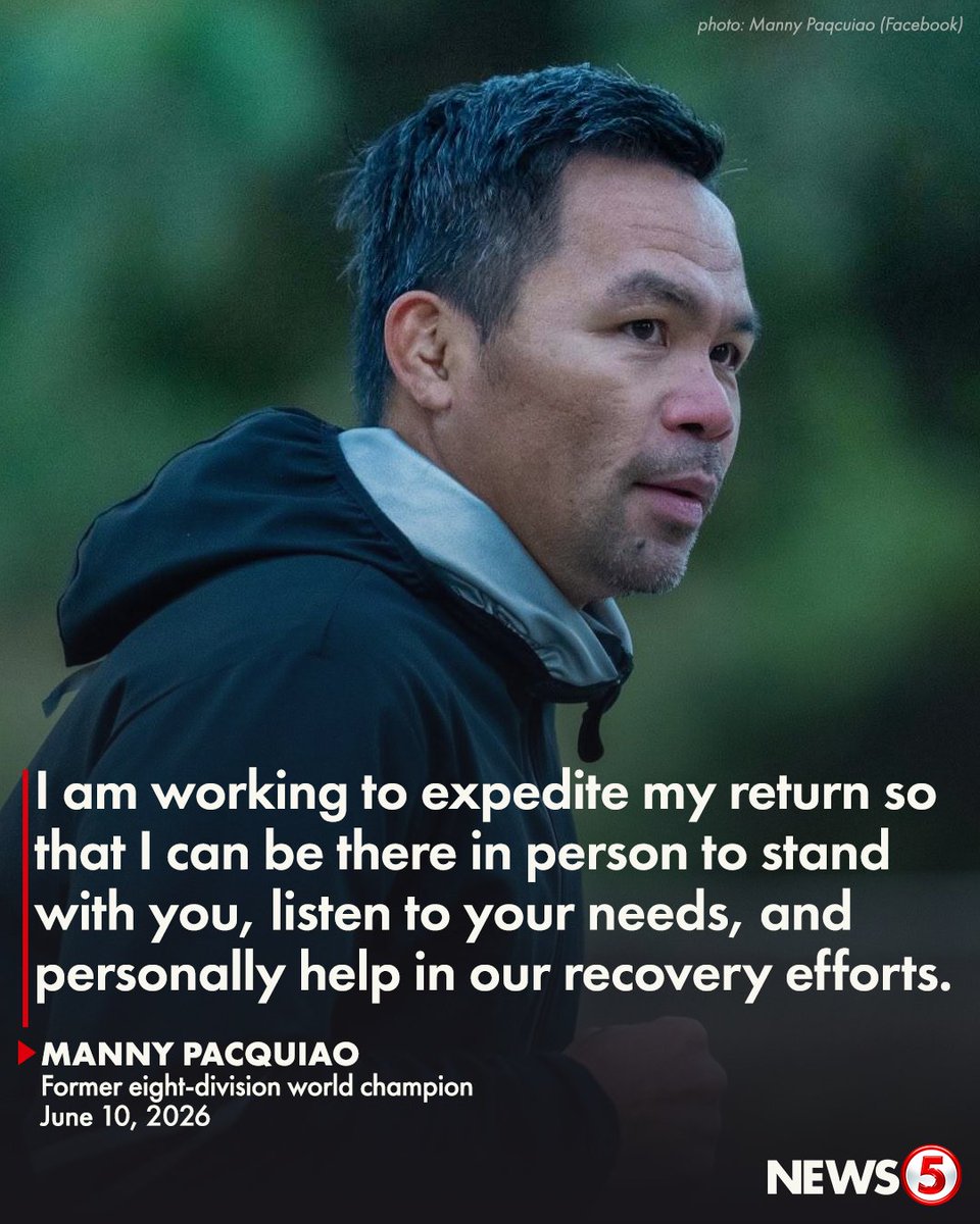 News5PH's tweet photo. 'YOU ARE NOT ALONE IN THIS'

Nagpaabot ng simpatya ang dating senador at boxing legend na si Manny Pacquiao para sa mga kababayan niyang apektado ng Magnitude 7.8 na lindol sa Mindanao.

"Though I am currently here in the United States fulfilling prior commitments, I am monitoring the situation closely and coordinating with our teams on the ground to ensure that help reaches those who need it most as quickly as possible," saad niya.

"You are not alone in this.  We will face this challenge together and rebuild as one," dagdag pa ni Pacquiao.