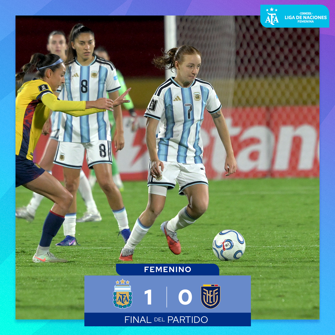 Argentina's tweet photo. #SelecciónFemenina - #LNF 🏆

🗣️ ¡Final del partido! 

👏Ganó la Albiceleste, logró el segundo puesto en la Liga de Naciones y ya se prepara para el Mundial del año que viene 💪

🇦🇷 ¡Vamos Argentina! 

⚽ #Ecuador 🇪🇨 0 🆚 #Argentina 🇦🇷 1 (Bonsegundo) https://t.co/R7754rj3gQ