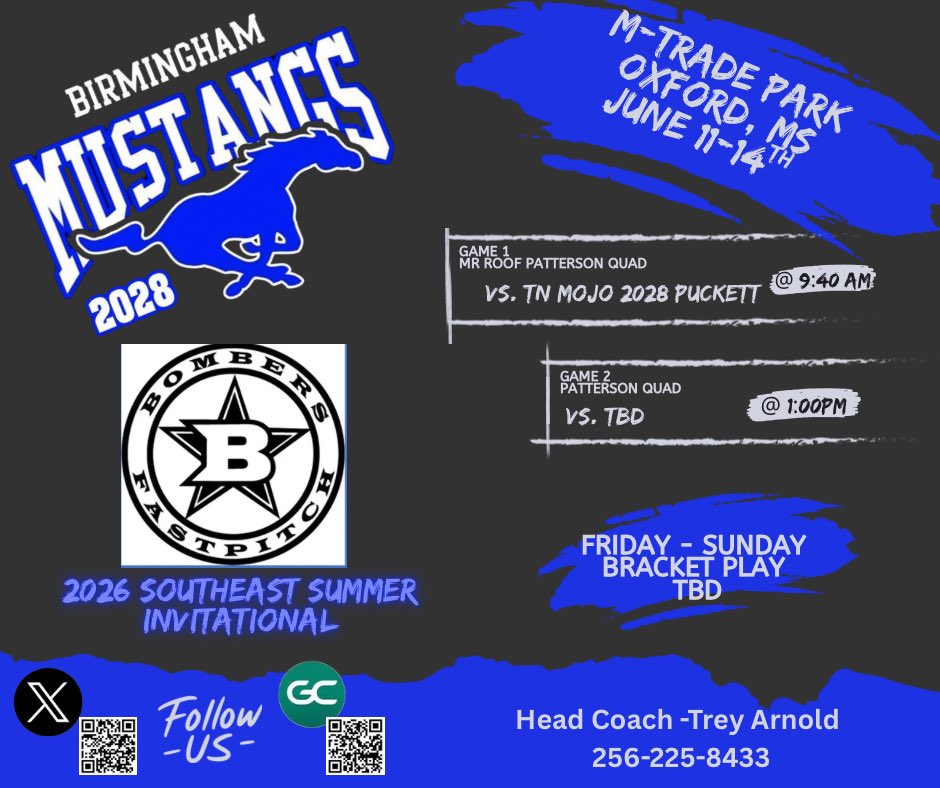 Mustangs2028's tweet photo. The girls hit the field again this weekend as they head to Oxford MS for the Bombers invite! Come check us out!
@Coach_Ricketts @Acozart44 @UTM_Softball @UCASoftball @KarenWeekly @AlabamaSB @KateMalveaux @AuburnSoftball @MrCoachTbratt @coastalsouthsb @UWSoftball @kgriff08 @UAB_SB https://t.co/TmgoOtDBKz
