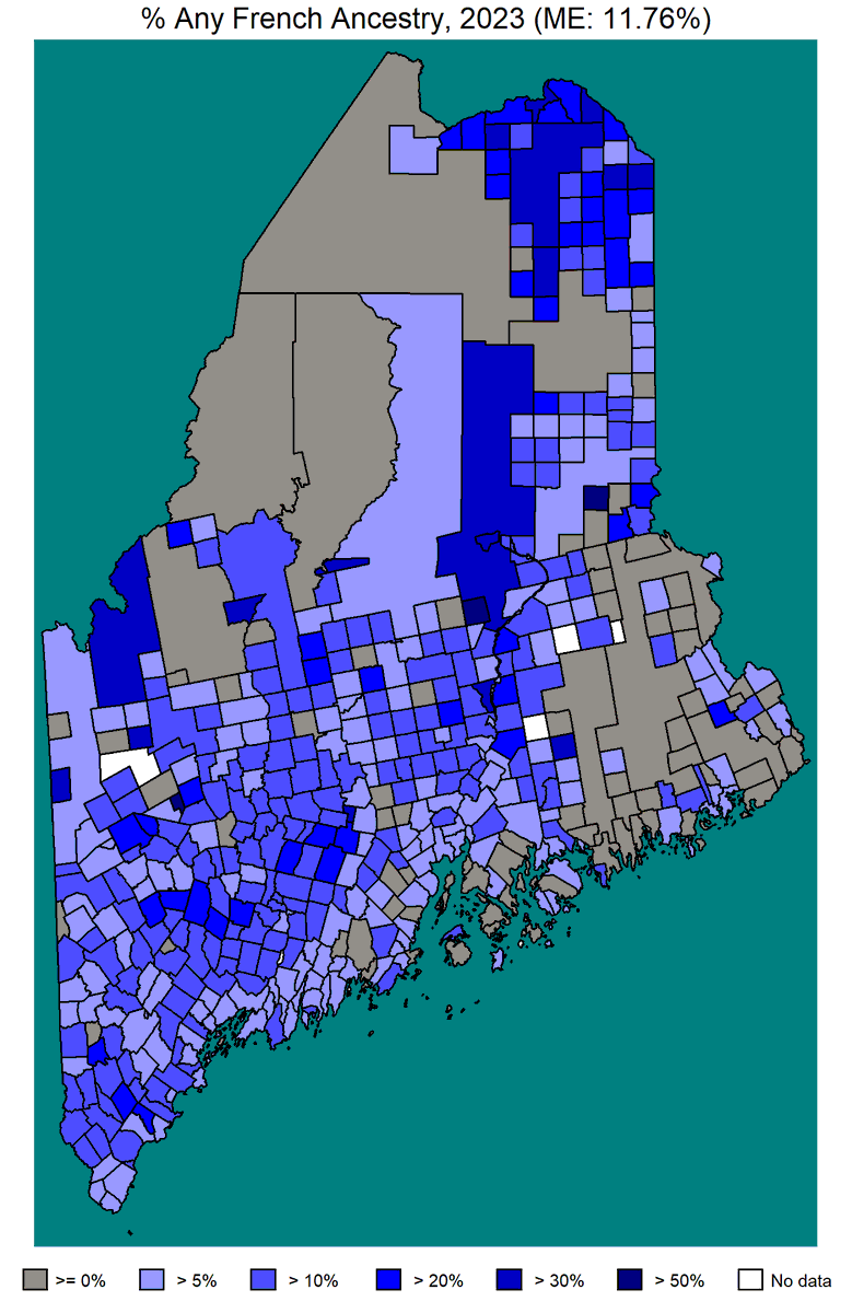 JustElexMaps's tweet photo. Maine has a heavy French population, particularly near the Canadian border. https://t.co/2vZFnOp0Hm