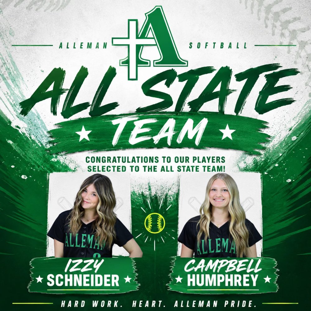 SoftballAlleman's tweet photo. Congrats to our Alleman softball players making the All State team. @CampbellH2028 3rd team OF and @IsabelSchn78753 3rd team IF. What great representatives of our school and our team! Go Pioneers https://t.co/Dq3rP6MWGA