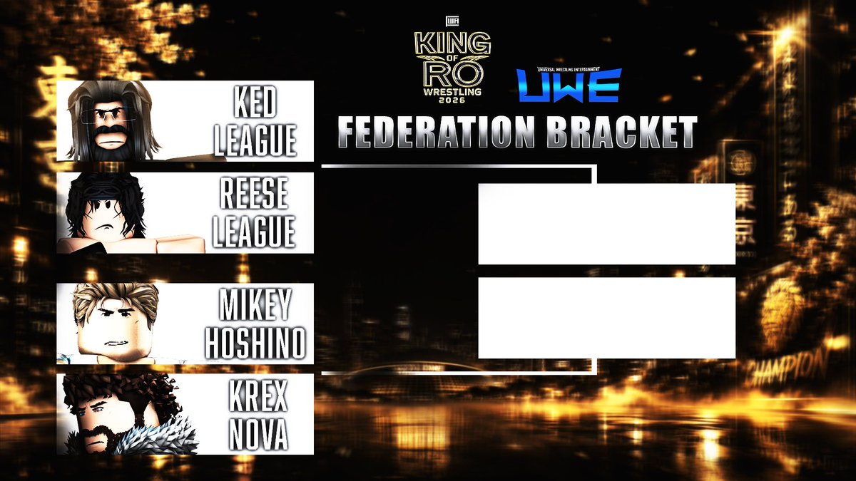IWA_RBLX's tweet photo. UWE BRACKET REVEAL! 

UWE has officially announced its representatives for the #IWAKingOfRoWrestling2026 Tournament.

@DrBartholmew recently lifted from his IWA suspension looks to make a statement and be once again at the TOP of the IWA mountain. 
@reeseleague has been IWA champion before and he looks to become the second ever 
@mdzeuu looks to claim his first ever IWA Championship following the footsteps of one of his best friends in #BacDarrien and complete the gauntlet of the #IWAKingOfRoWrestling2026 tournament. 
@KN_Rblx  looks to surprise EVERYONE and advance into the final 8 of the tournament to cement himself as one of the BEST rising stars to date.

#IWA2026