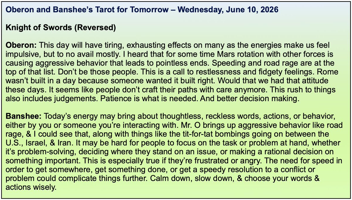 tftTarot4today's tweet photo. It’s Wednesday &amp; it seems the energy is restless, edgy, &amp; a bit aggressive. It would be wise to tread carefully today. Here’s the Tarot for Tomorrow, Wednesday, June 10, 2026. #tarot #dailytarot #TarotReading https://t.co/RiJWI1bBTP
