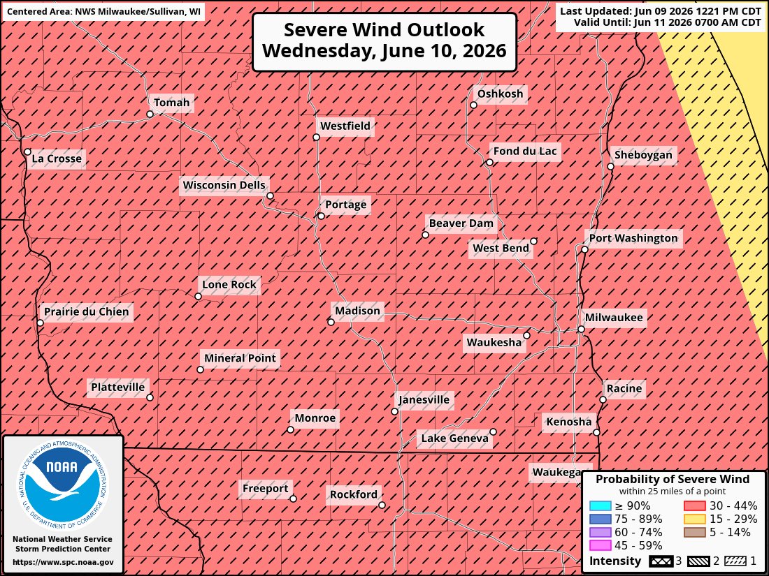 WaukeshaAlerts's tweet photo. A significant severe weather event is expected tomorrow. Multiple rounds appear likely, which increases uncertainty. We are currently in a Level 3 of 5 severe risk. I do believe this event could verify as a Level 4 of 5 severe risk, but lingering uncertainty will likely prevent the Storm Prediction Center from pulling the trigger on that.

ROUND 1 (12 PM to 4 PM):
A broken to solid squall line may move through the area and pose a risk of widespread damaging winds up to 80 MPH. Secondary threats would be a few tornadoes with an isolated strong one possible, along with large hail up to the size of golf balls. 

ROUND 2 (8 PM to 1 AM):
Another squall line will likely move through the area though with weaker ingredients due to the first round. Scattered damaging winds up to 65 MPH would be possible, with an isolated weak tornado or two possible. 

Uncertainties include the chance the 1st round does not happen in the early afternoon. In this case the second round would likely be more intense. Regardless of what happens, probabilities are high that a significant severe weather event will occur with widespread wind damage. 

An additional update will provided tomorrow morning.