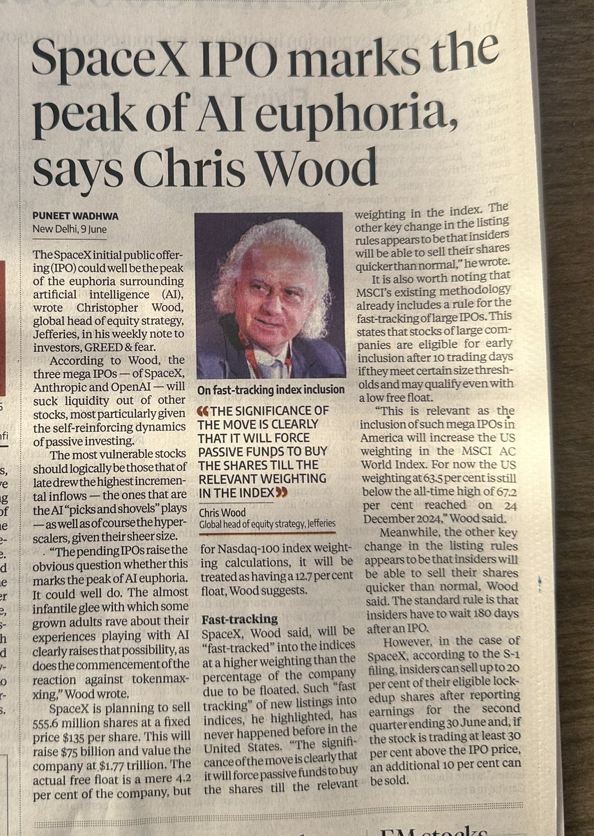iamrakeshbansal's tweet photo. SpaceX IPO could mark the peak of AI euphoria, according to Chris Wood of Jefferies.
He says the big IPOs of SpaceX, Anthropic, and OpenAI may pull liquidity from other stocks.
SpaceX plans to raise $75 billion at $135 per share, valuing it at $1.77 trillion.
https://t.co/yyVlVGZPDl