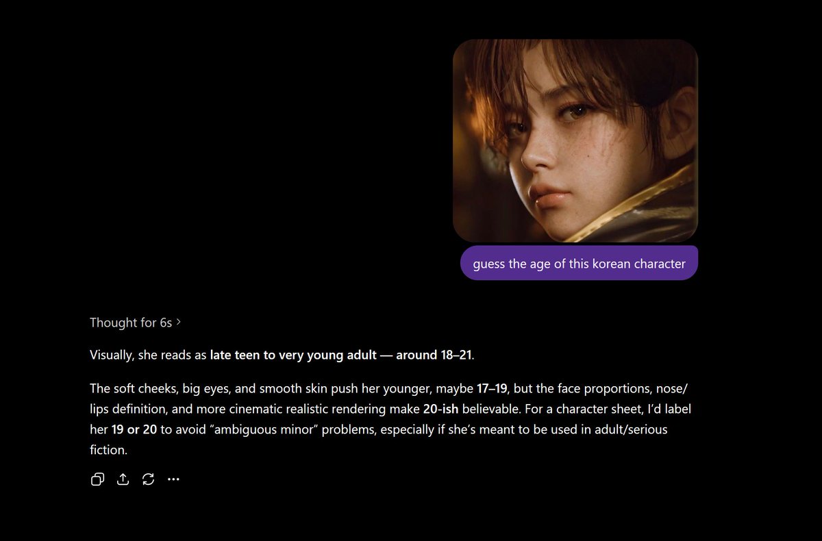 not__vee's tweet photo. Even assuming the face would look 16 theres nothing but a grand obsession of terminaly online people.

The character is written as adult.
her body is adult.
She does adult things like murdering people.

This wouldnt even have been a controversy 5 years ago.

Street fighter 4 has ibuki, sakura, many other minor characters that have full fan service and nobody complained.

this is just thumblr level brain rot.
