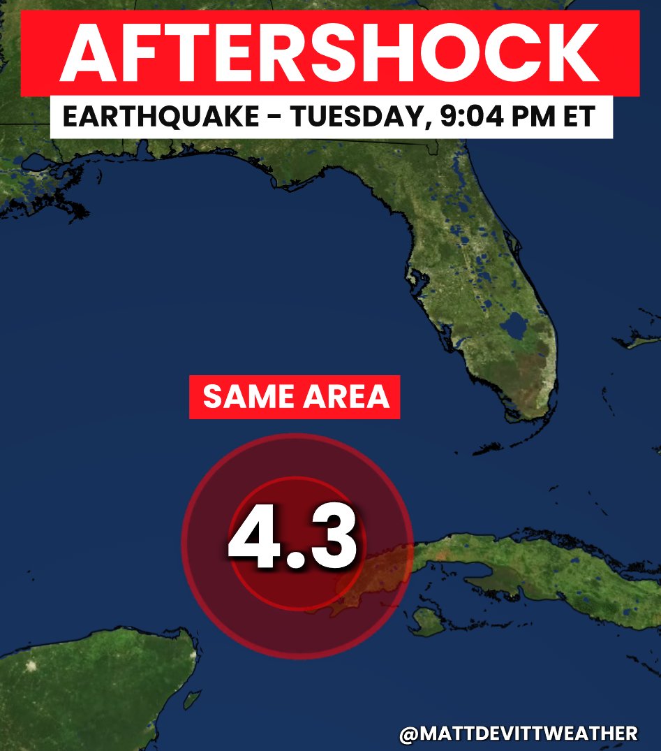 MattDevittWX's tweet photo. JUST IN: A magnitude 4.3 aftershock occurred this evening at 9:04 PM ET in the Southern Gulf...same area as the 6.1 earthquake roughly 36 hours ago. https://t.co/8KDzam7yrq