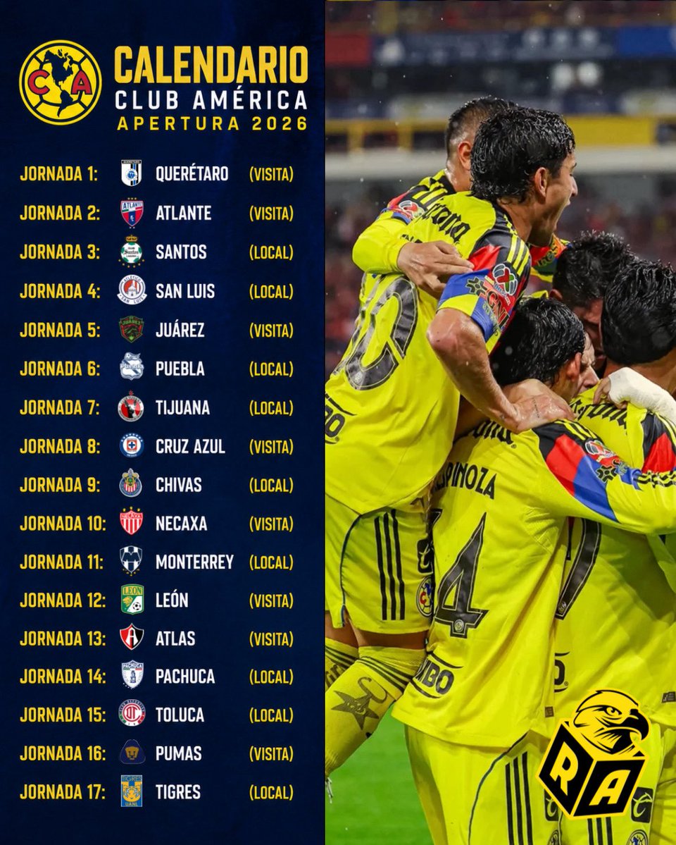 ResacaAmerica's tweet photo. 🚨¡OFICIAL!🚨

Calendario oficial de nuestras águilas para el Apertura 2026. 🗓️🦅

¡¡VAMOS CON TODO, ÁGUILAS!! 💛💙 https://t.co/OxI8QGNTtU