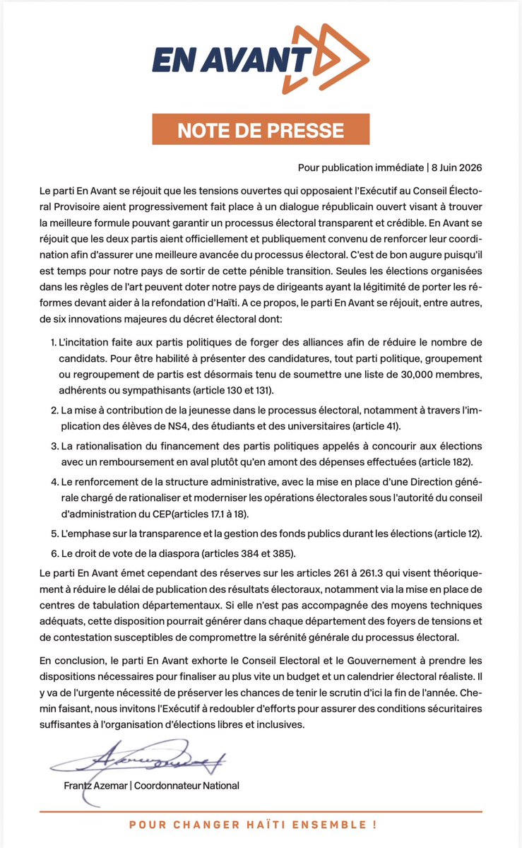 EnAvantHT's tweet photo. En Avant vous invite à prendre connaissance de sa note de presse fixant la position du parti sur le processus et le décret électoral. En Avant exhorte les autorités à finaliser le budget et un calendrier électoral réaliste pour faire avancer le processus et respecter  les délais! https://t.co/XgIq0Z2PV8