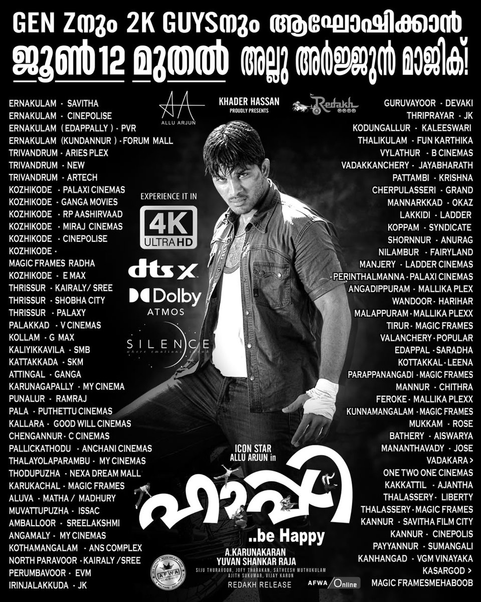 getafwapta's tweet photo. #Happy4K KERALA THEATRE LIST OUT NOW! 🔥

The wait is over! Icon Star Allu Arjun's evergreen entertainer #Happy is all set for a grand 4K re-release across Kerala on June 12 😍🔥

@alluarjun #MalluArjun #AlluArjun https://t.co/L7OXZ1R8hZ