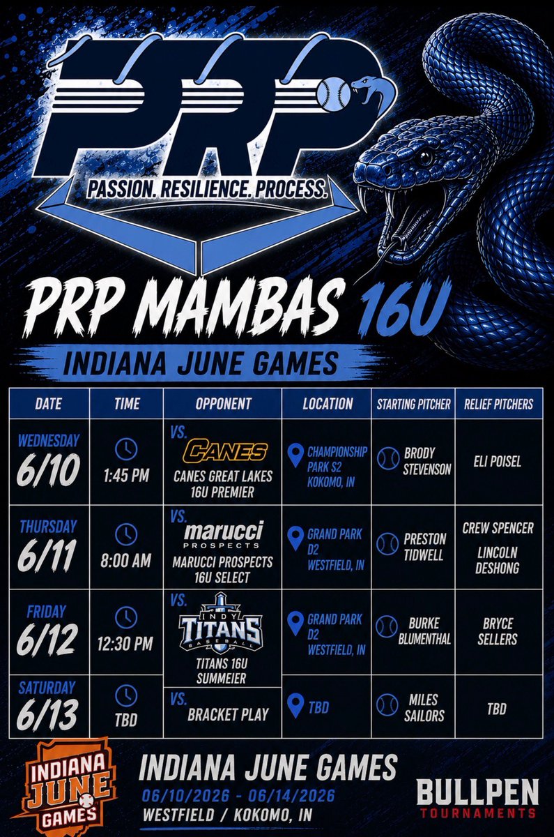 PRPBaseball101's tweet photo. 16u @PRPMambas Schedule, Location, and Pitching Plans for Indiana June Games!

#PRPMambas https://t.co/Sg9n5kEMmv