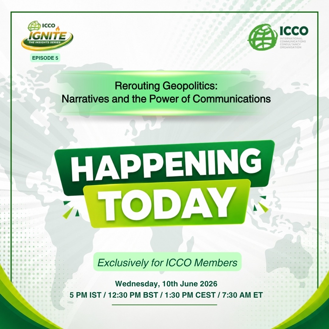 ICCOpr's tweet photo. 🌍 Happening Today!

How do narratives shape geopolitics in an increasingly complex world?

Featuring Angela Scaffidi, Iman Issa, Mary Njoki &amp; Sowmya Prabhakar, moderated by Arun Sudhaman.

⏰12.30 pm BST| Exclusive to ICCO Members https://t.co/WxQuEn72sj