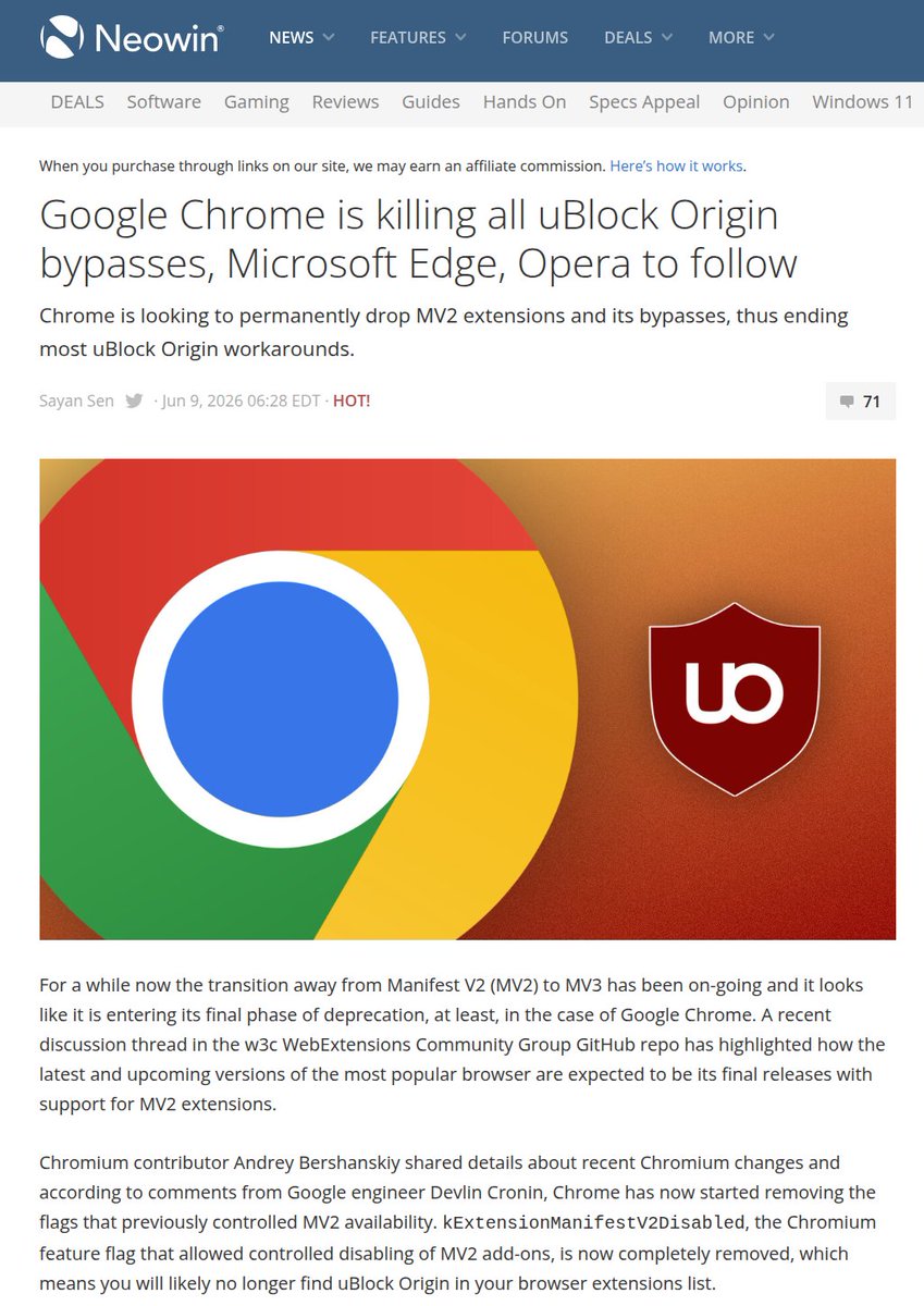 CR1337's tweet photo. The fight Big Tech vs. Ad Blockers continues: 

"Chrome is looking to permanently drop MV2 extensions and its bypasses, thus ending most uBlock Origin workarounds."