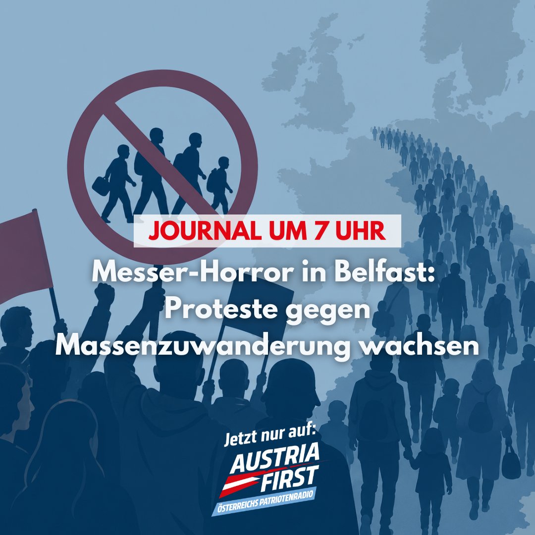 austriafirst_at's tweet photo. Nach der schockierenden Messerattacke Montagabend in der nordirischen Hauptstadt Belfast, bei der ein Sudanesischer Migrant einem wehrlosen Opfer bei einem Messerangriff den Kopf abtrennen wollte, demonstrieren immer mehr Menschen gegen die Folgen der unkontrollierten Massenzuwanderung. In einem Video, das aktuell im Netz kursiert, ist zu sehen, wie der Messer-Täter über dem blutverschmierten Opfer kniet und mehrfach in Kopf- und Halsbereich einsticht.
 
Bereits im Juni 2025 war es in ganz Nordirland mehr als eine Woche lang zu Protesten gekommen, nachdem zwei rumänische Teenager wegen der Vergewaltigung einer Schülerin angeklagt worden waren. Die Anklage war damals fallen gelassen worden.

Mehr dazu im AUSTRIA FIRST Journal um 7 Uhr, hier zum Nachhören:
https://t.co/rtWR2mOD6j

Höre uns direkt auf https://t.co/YAhML1AdFx
oder über unsere AUSTRIA FIRST App:

📱Apple/iPhone: https://t.co/0co4rvgXRG
📱Android: https://t.co/byb58fM227

#austriafirst #radio #belfast