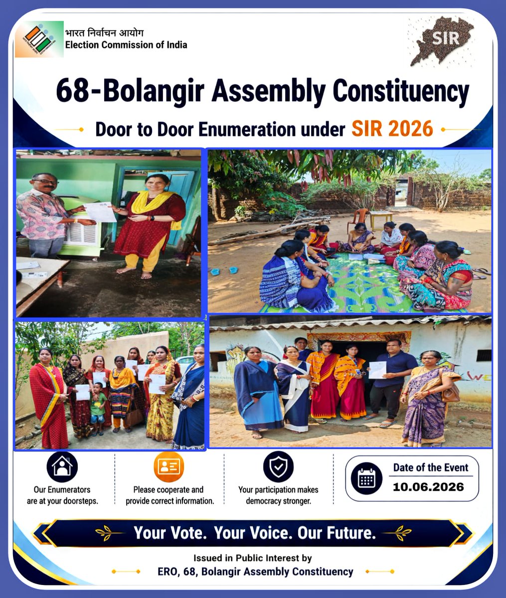 sdmblgr's tweet photo. Your Vote. Your Voice. Our Future. 🌟Glimpses of the SIR 2026 Door to Door Enumeration drive actively taking place across the 68-Bolangir Assembly Constituency.
@CollectorBgr 
@OdishaCeo https://t.co/1K2x3WaxC4
