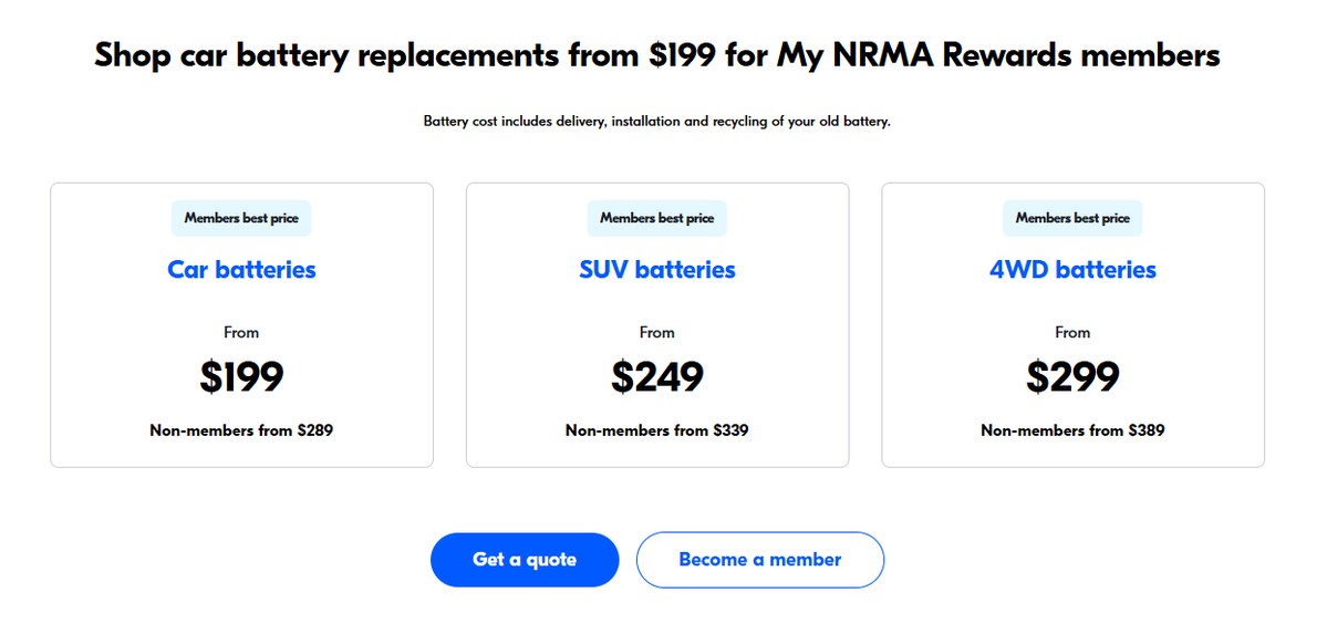 craftyninja's tweet photo. Hey @NRMA - stop taking advantage of stressed-out folks and step up your game!!!  Stop with the blatant false advertising of car battery prices for folks who are stranded.

Pic1 - range of prices for different vehicle types.
Pic2 - actual quote when you search for your vehicle https://t.co/nNgVr1vY3o