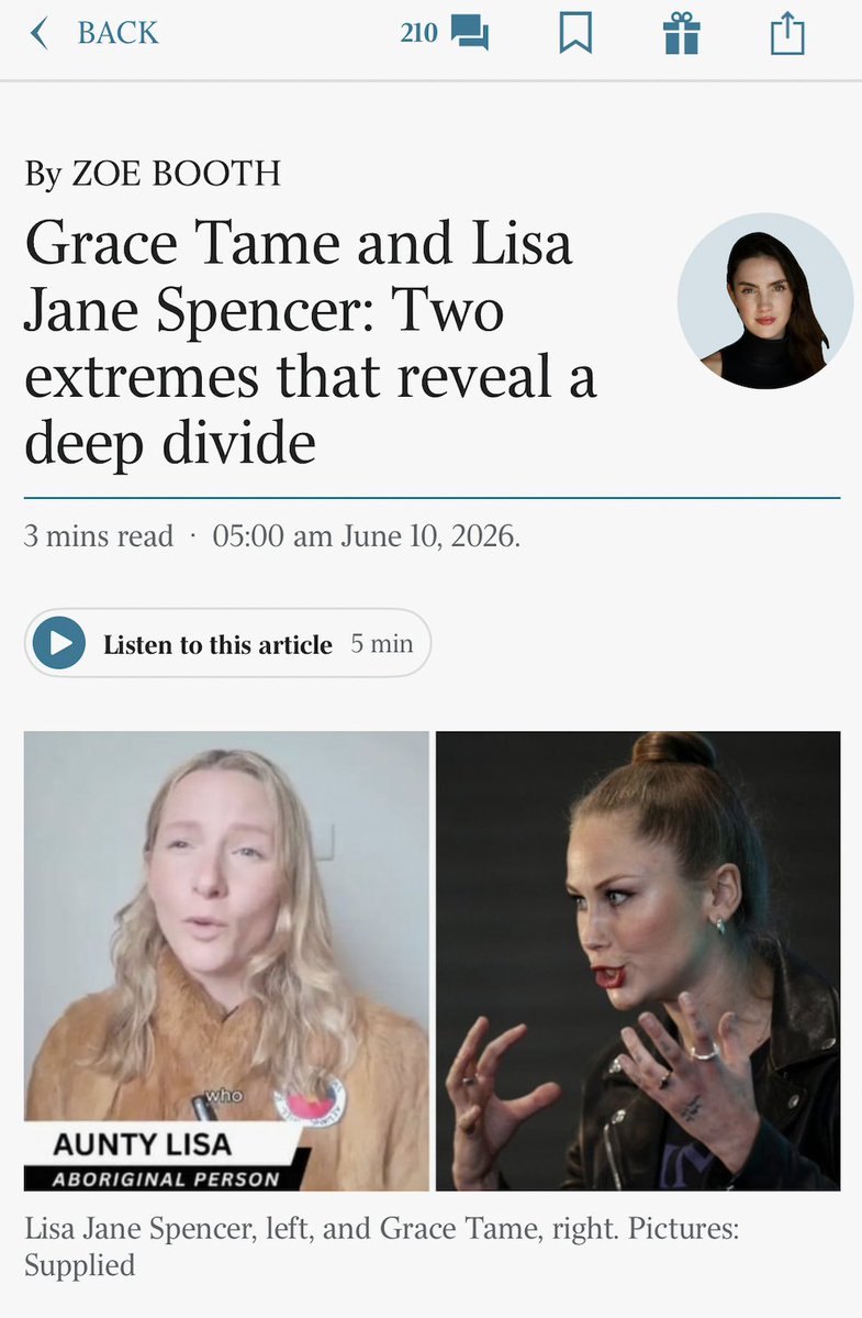 zoecabina's tweet photo. Grace Tame and Lisa Jane Spencer are both low-IQ pundits who are absolutely obsessed with race (and both obsessed with Jews).

Tame's dumb, hate-filled rants are propped up by the ABC and mainstream institutions, while Lisa's cost her her day job. 

Normal, well-adjusted people should be repulsed by the extremes that both women go to. I respect their right to say dumb shit, but I'm not going to stay silent on Lisa just because some of my followers like her. 

The petrol-sniffing gaffe was the latest in a long history of low-brow, conspiratorial posts that are posted sincerely, not even dressed up as comedy.